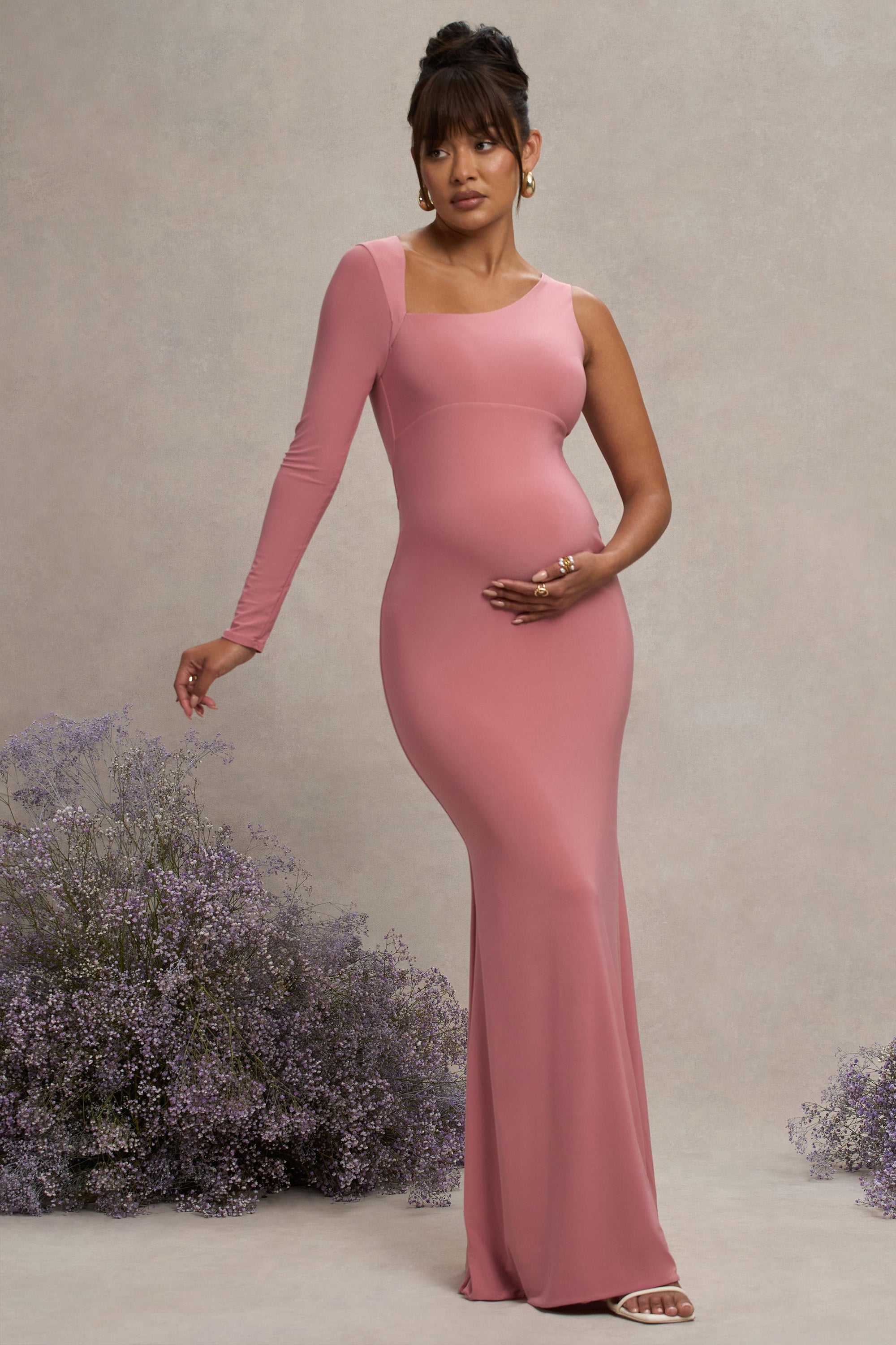 Oh Baby | Blush Maternity One Shoulder Bodycon Maxi Dress - Club L 