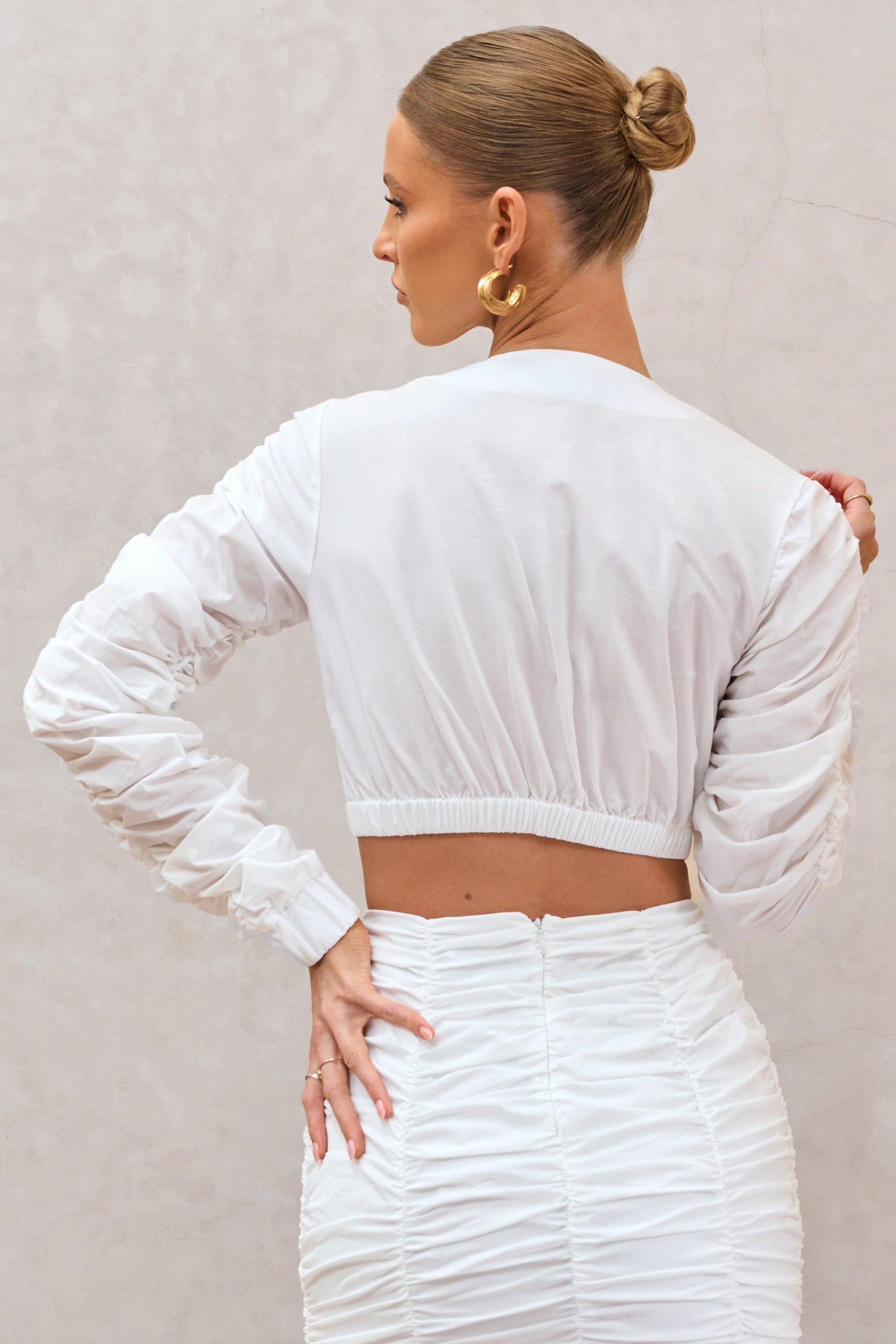 Sundown | White Ruched Sleeve Wrap Detail Cropped Shirt - Club L 