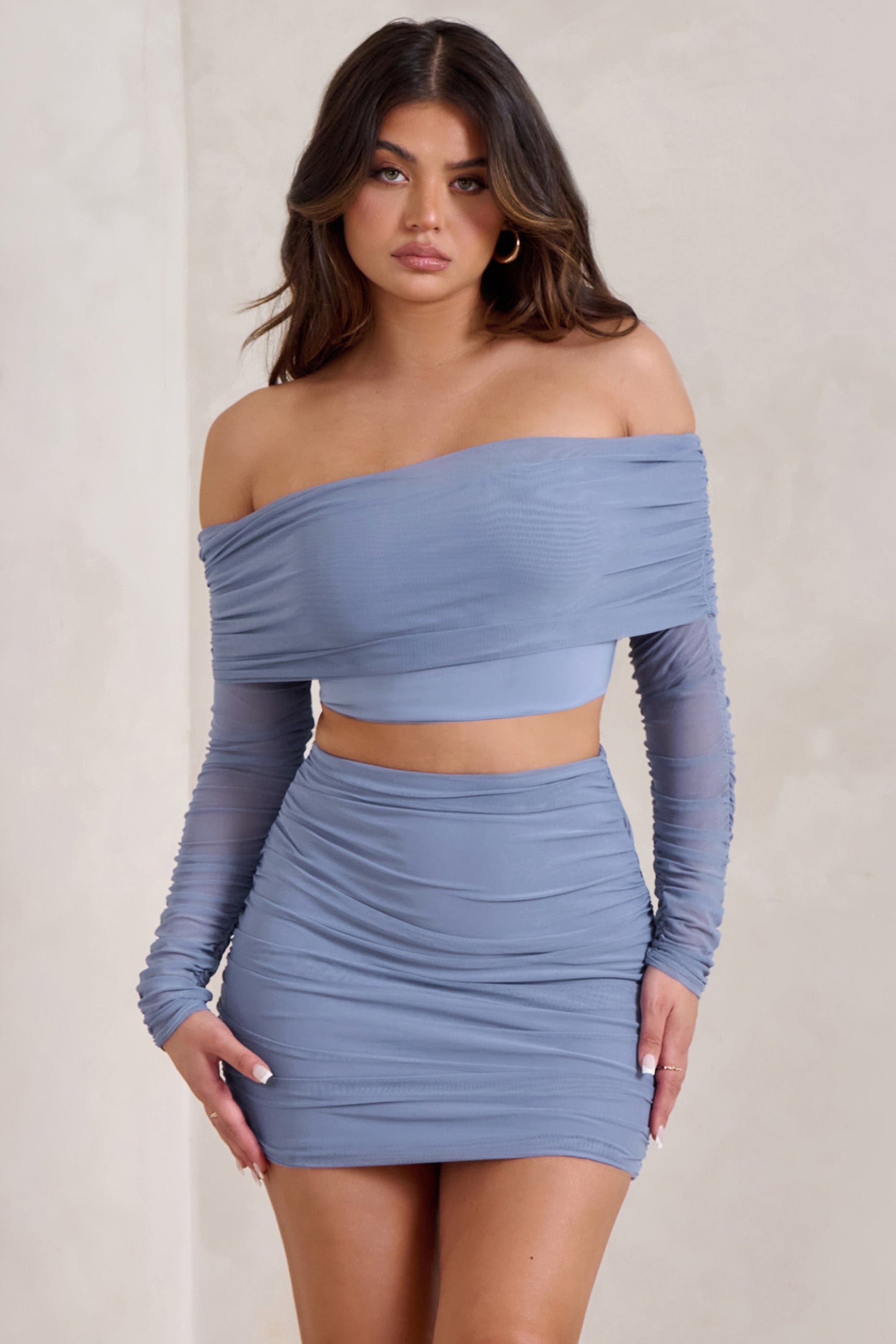 Rule Breaker | Cornflower Blue Ruched Mesh Bardot Crop Top - Club L 
