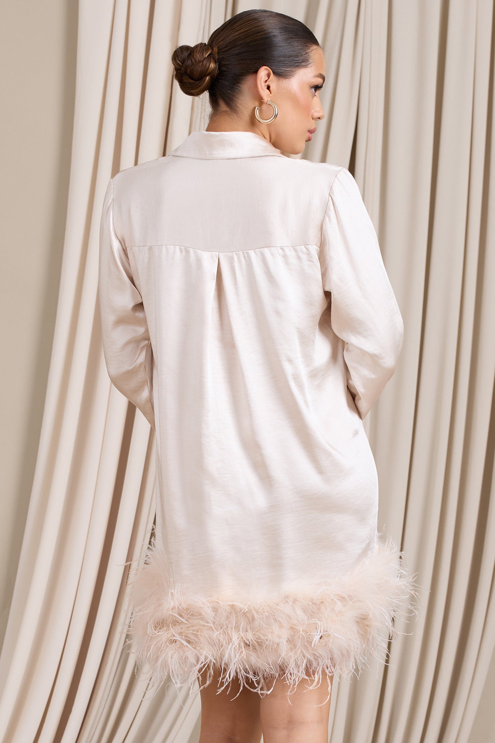 Step It Up | Ivory Satin Shirt Mini Dress With Feather Trim - Club L 