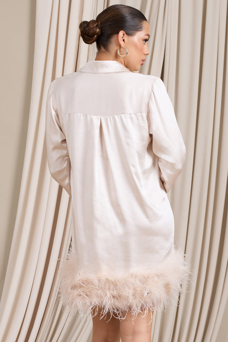 Step It Up | Ivory Satin Shirt Mini Dress With Feather Trim - Club L 