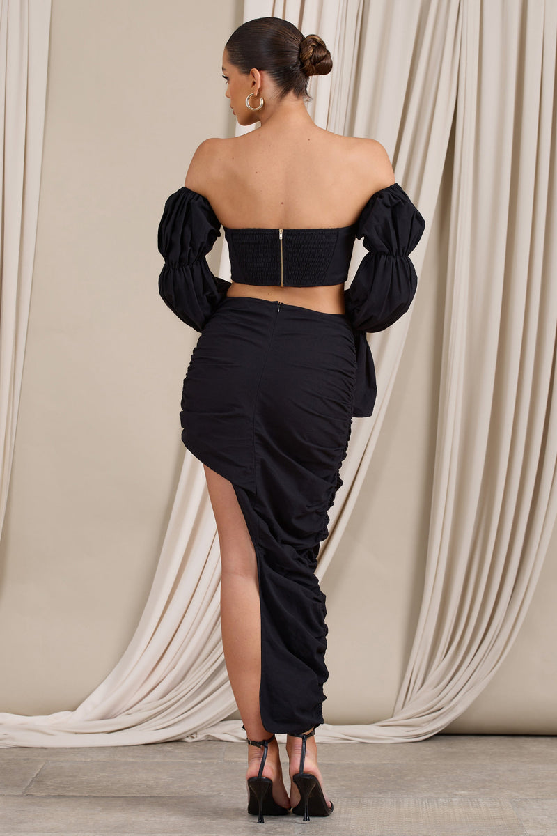 Holiday | Black Ruched Asymmetric Maxi Skirt - Club L 