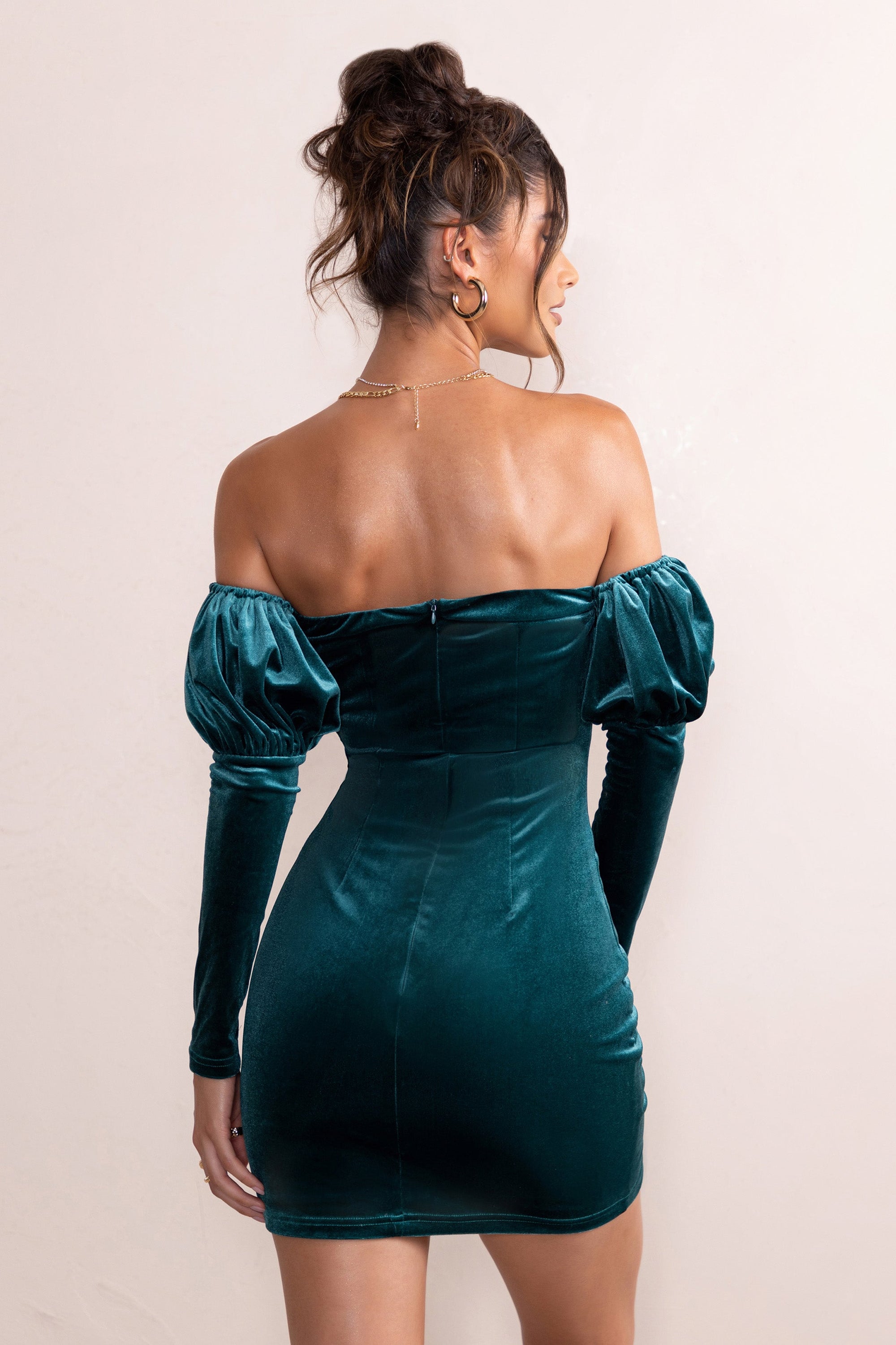 Ivy | Teal Velvet Cut Out Mini Dress With Ruffle Sleeves - Club L 