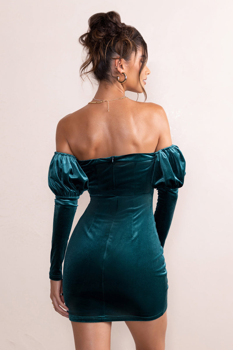 Ivy | Teal Velvet Cut Out Mini Dress With Ruffle Sleeves - Club L 