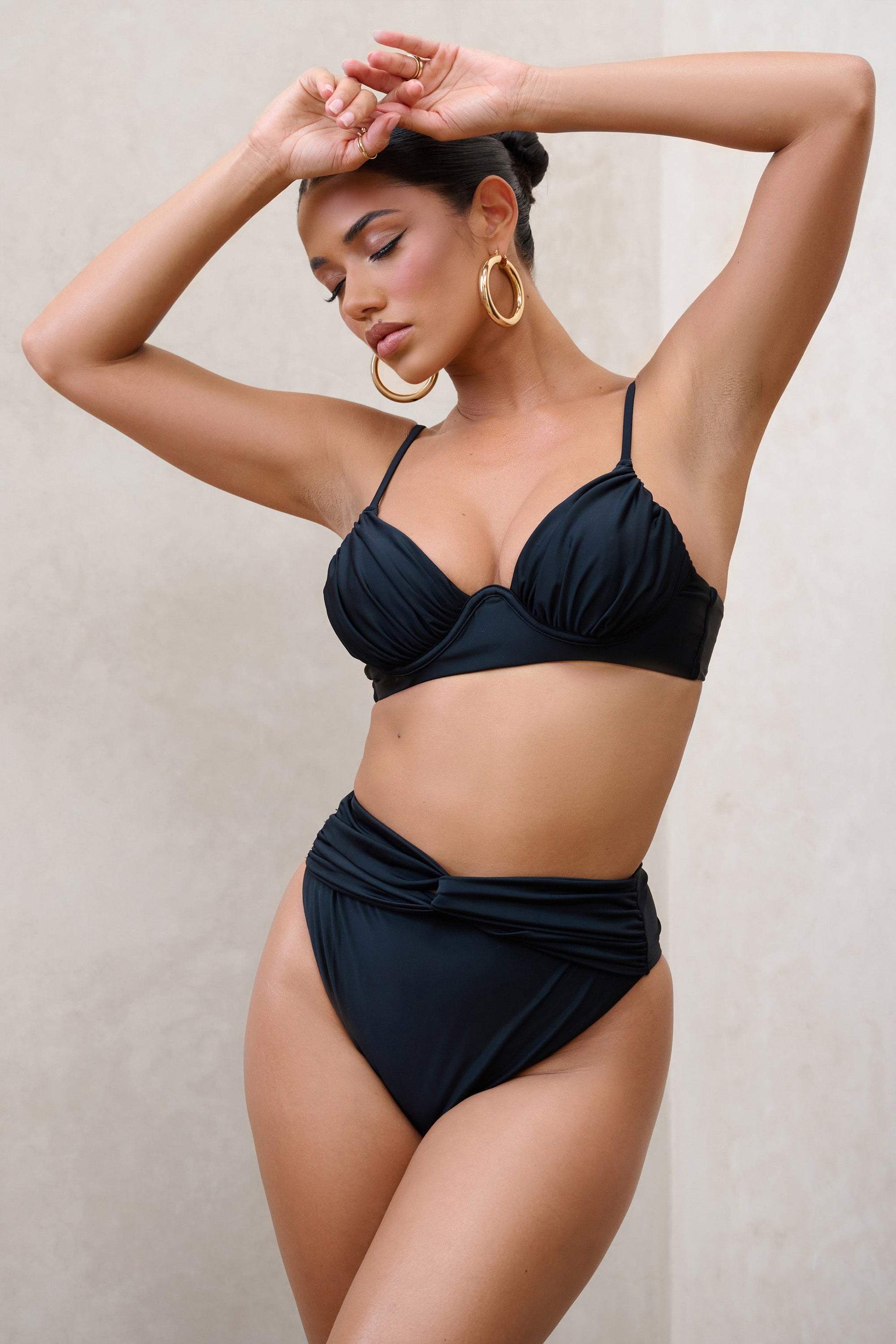 High Tide | Black High Waisted Twist Front Bikini Bottoms - Club L 