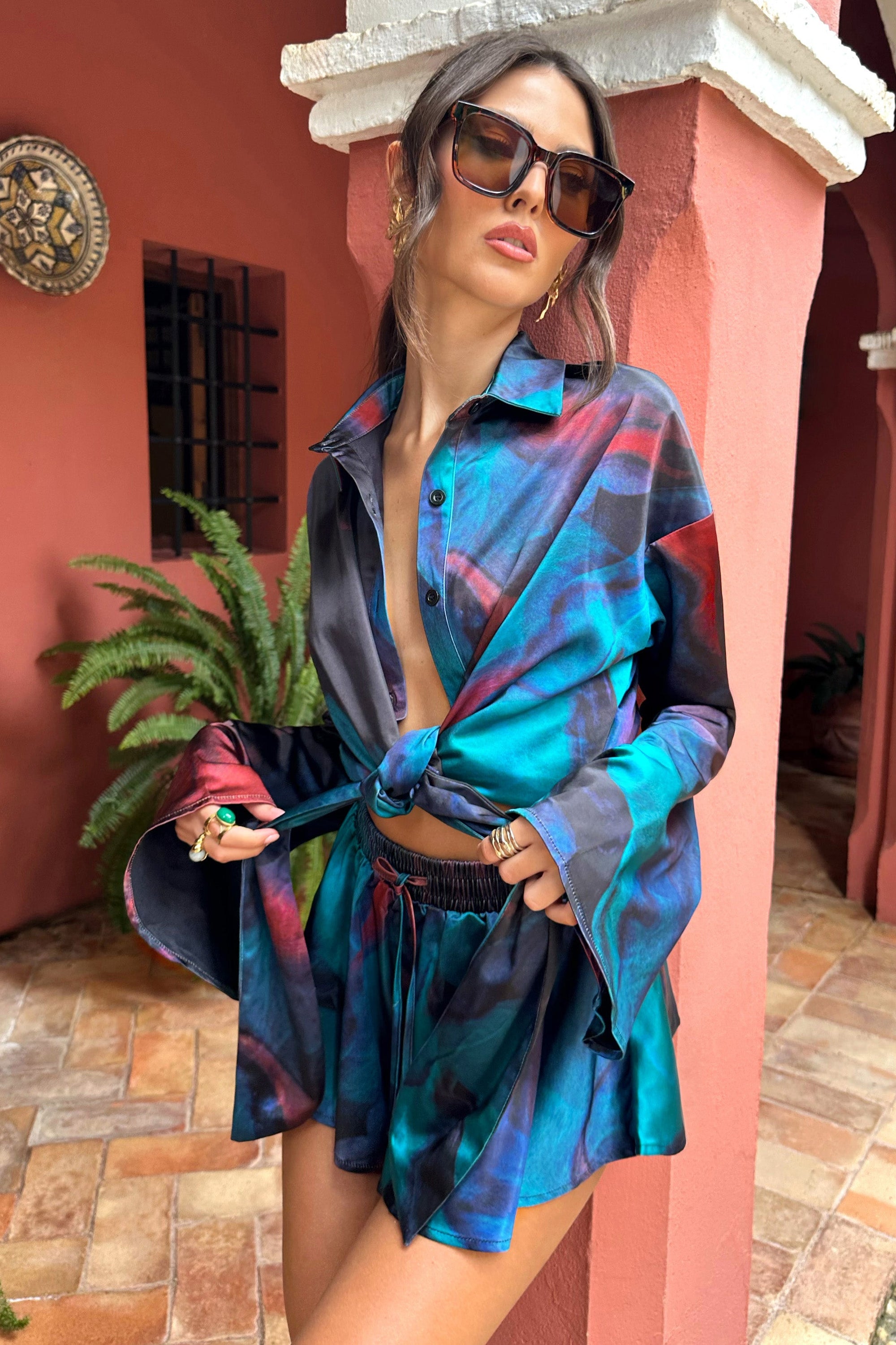 Marisela | Blue Print Satin Flared Sleeve Cropped  Shirt - Club L 