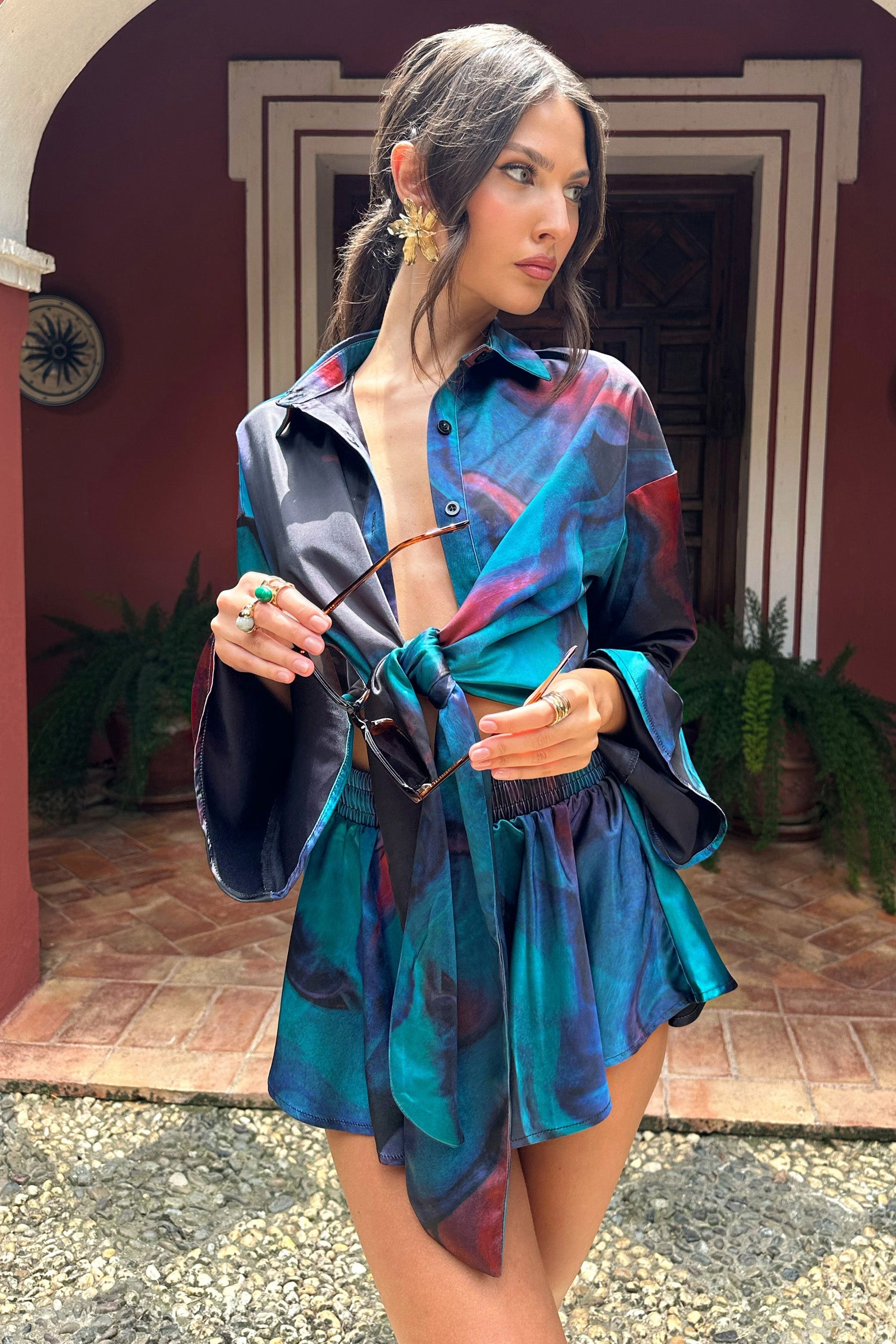 Marisela | Blue Print Satin Flared Sleeve Cropped  Shirt - Club L 