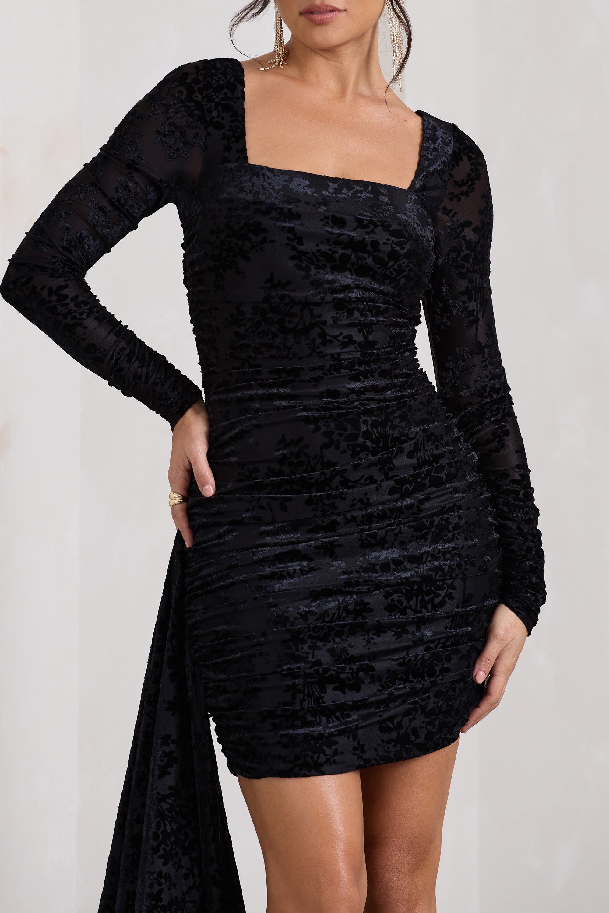 Crimson Cut | Black Velvet Floral Long-Sleeved Ruffled Bodycon Mini Dress - Club L 