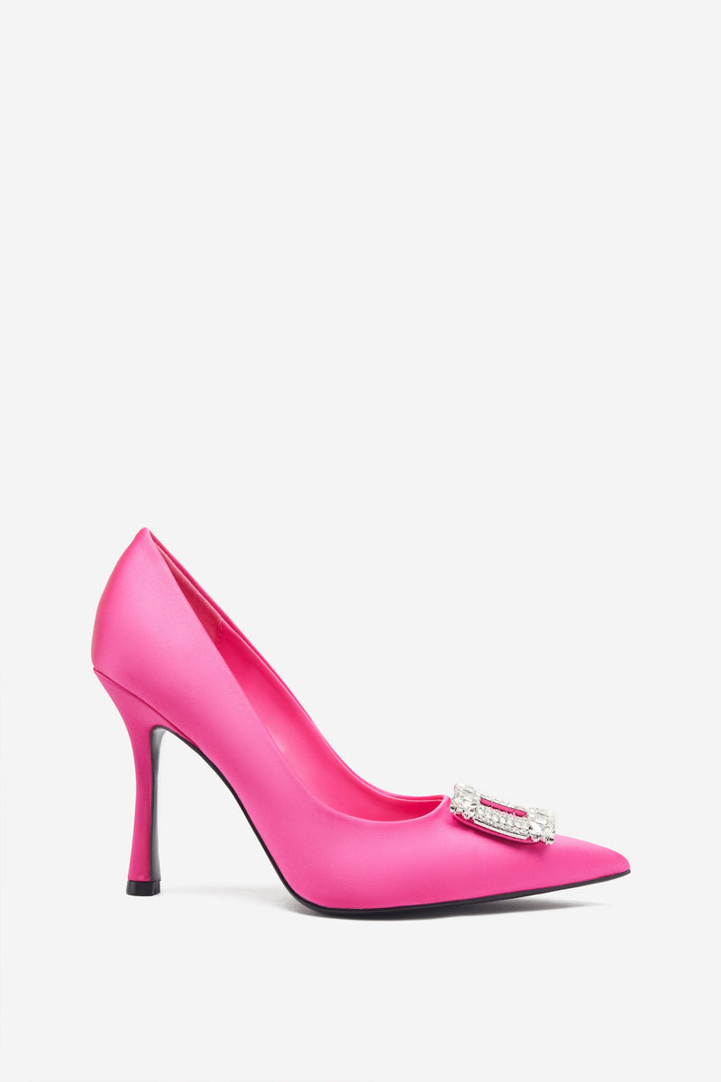 Lawless | Hot Pink Satin Pointed Court Heels With Diamante Brooches - Club L 
