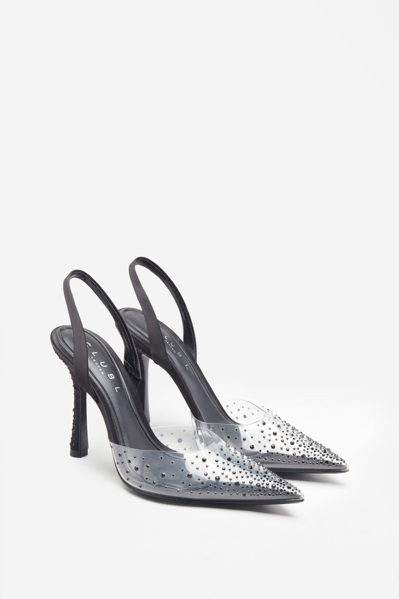 Covergirl | Black Diamante Sling Back Pointed Heels - Club L 