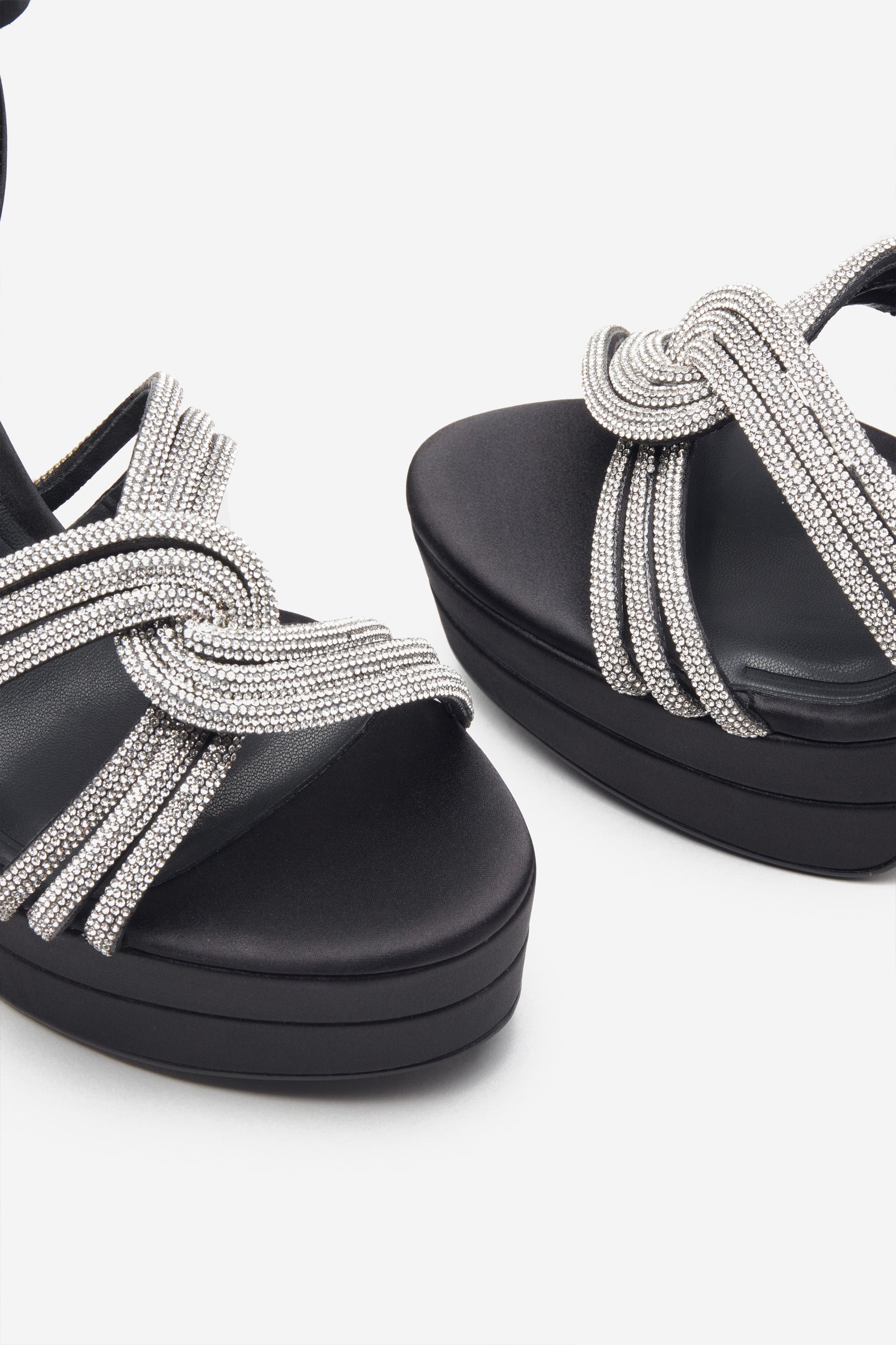 Doll Drama | Black Satin Diamante Strappy Platform Heels - Club L 