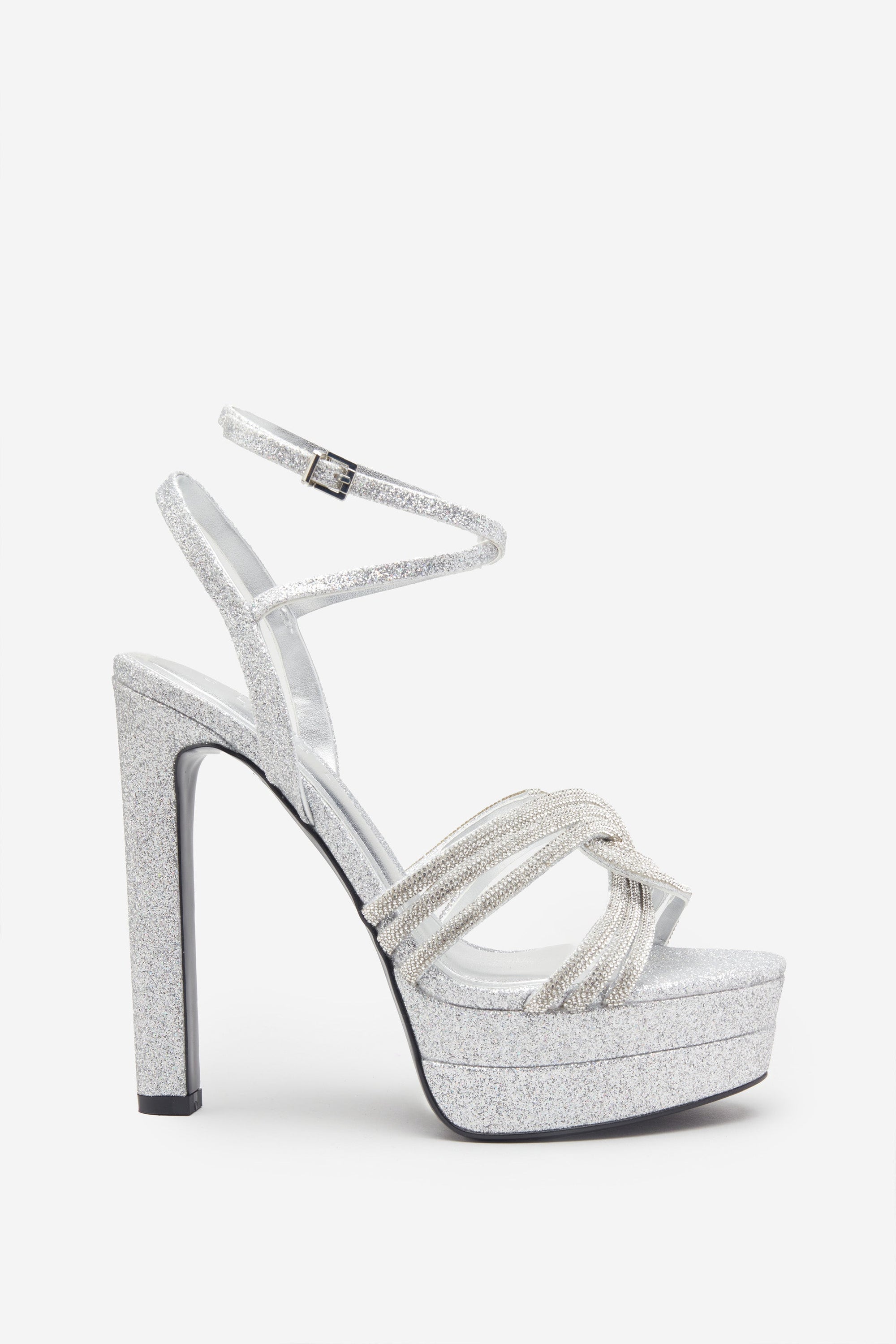 Doll Drama | Silver Glitter Diamante Strappy Platform Heels - Club L 