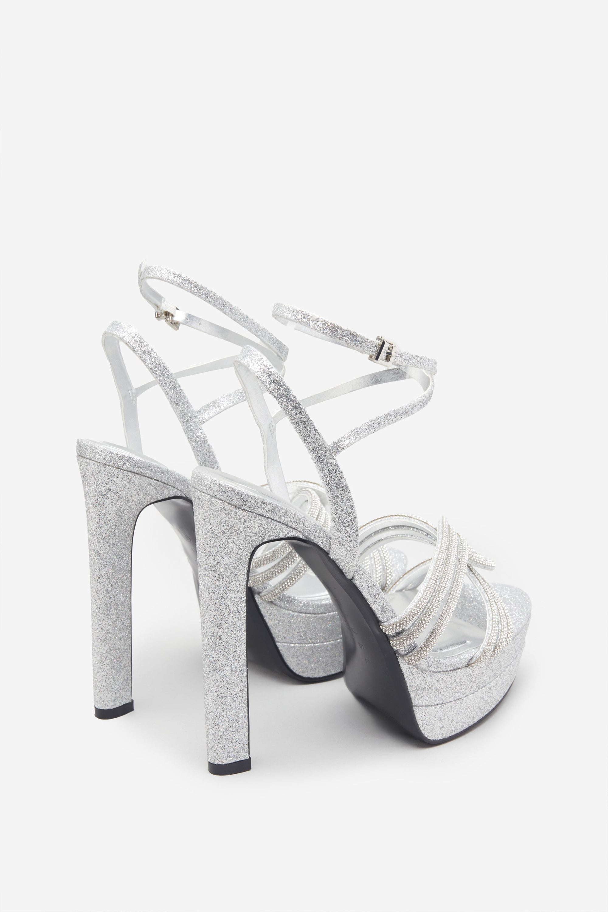Doll Drama | Silver Glitter Diamante Strappy Platform Heels - Club L 