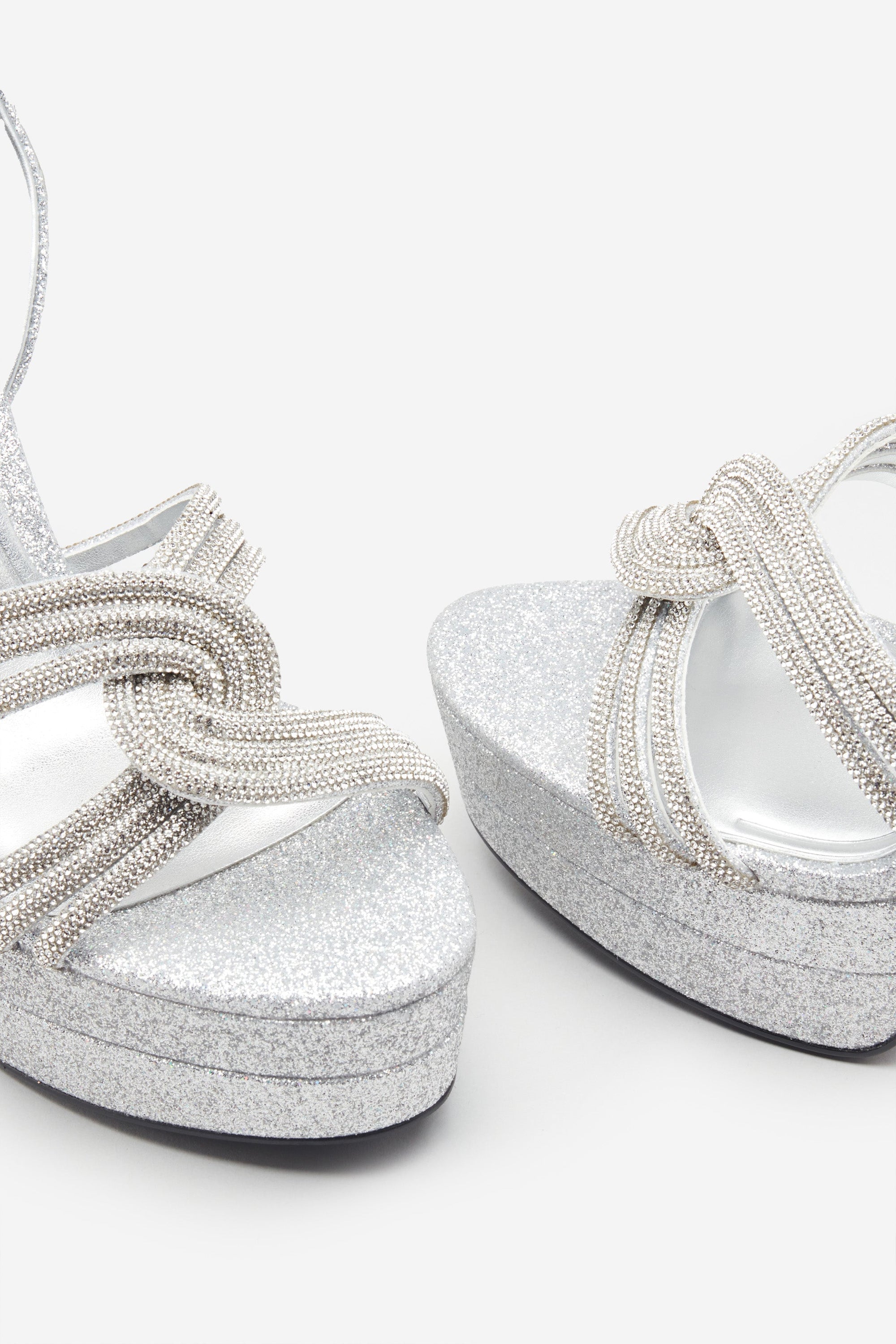 Doll Drama | Silver Glitter Diamante Strappy Platform Heels - Club L 