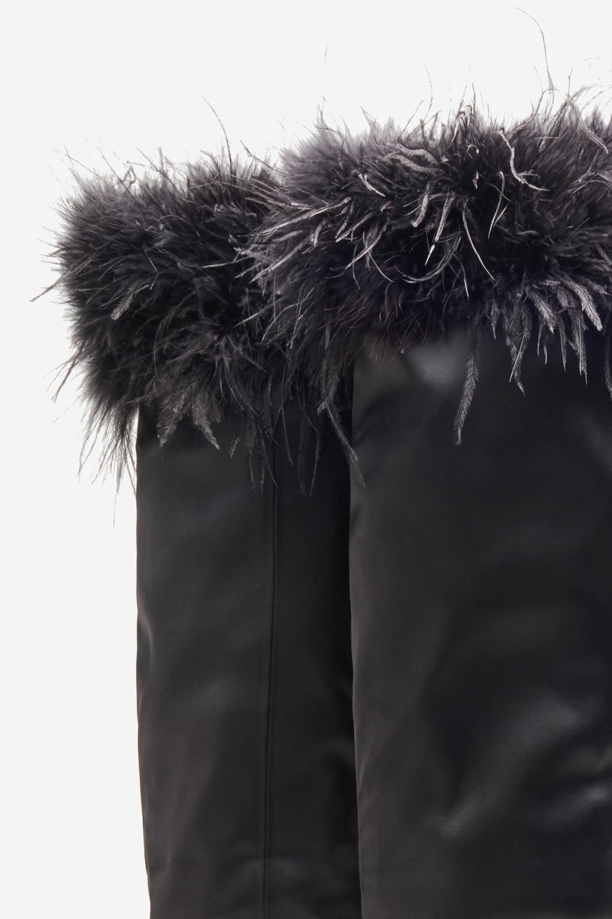 Soho | Black Satin Pointed Heeled Boots With Feather Trims - Club L 