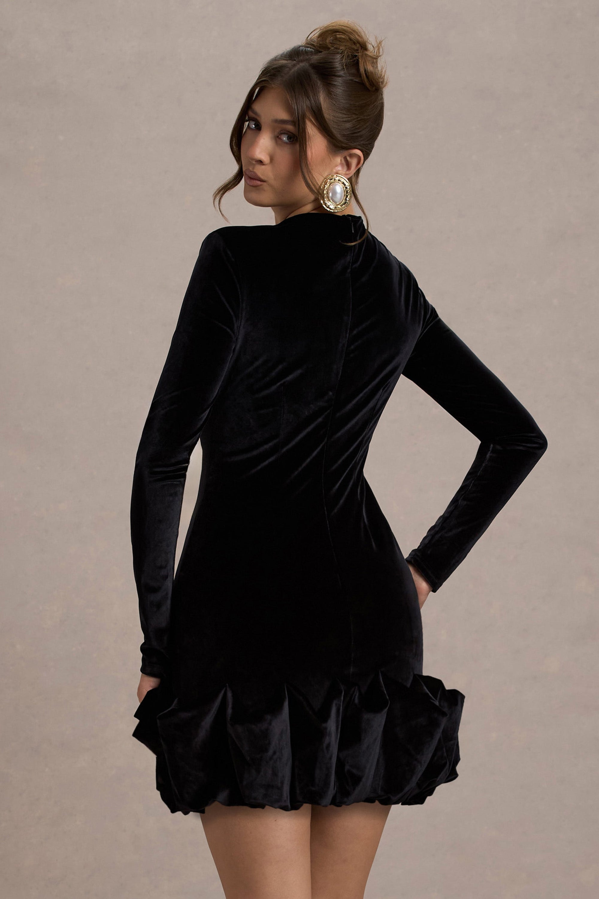 Claudine | Black Velvet Long-Sleeved Ruffled Mini Dress - Club L 
