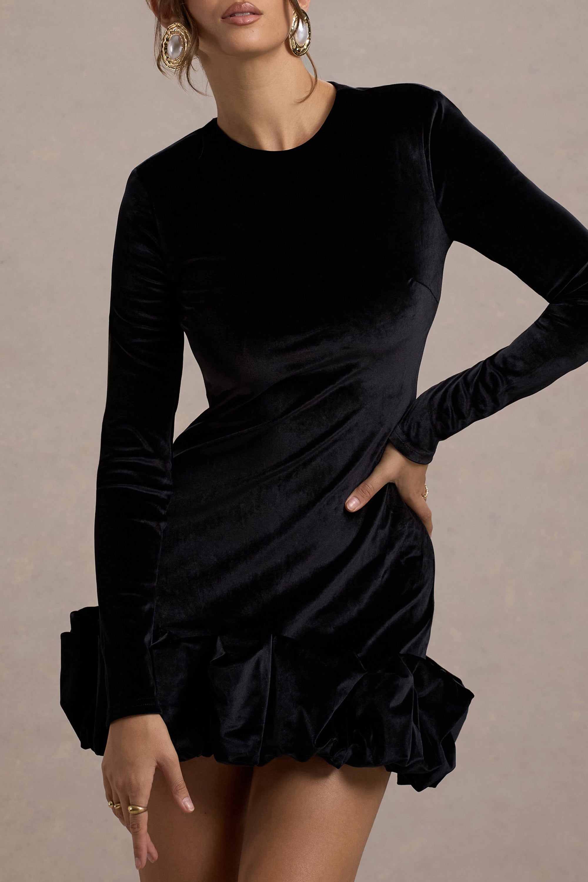 Claudine | Black Velvet Long-Sleeved Ruffled Mini Dress - Club L 