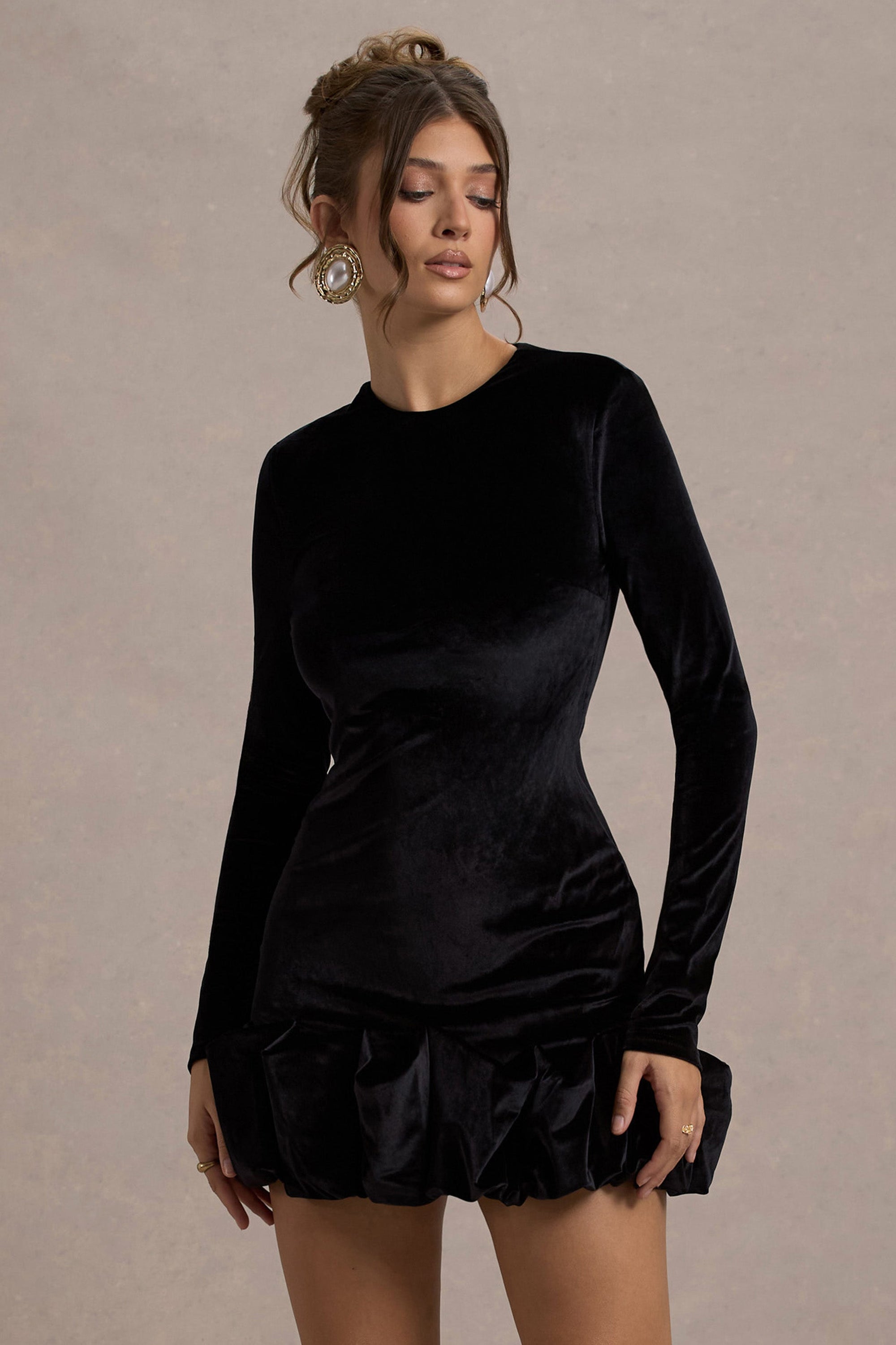 Claudine | Black Velvet Long-Sleeved Ruffled Mini Dress - Club L 