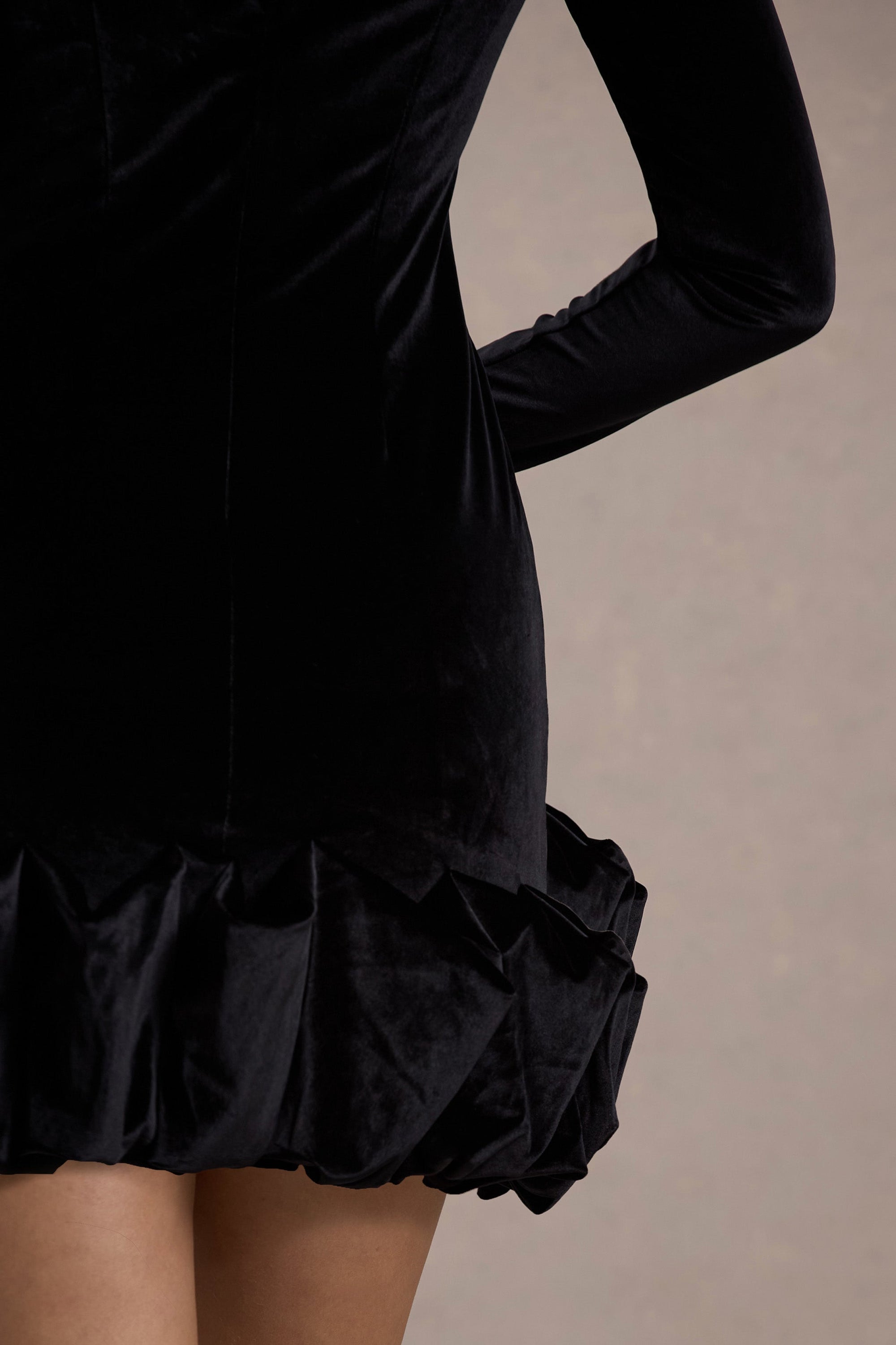 Claudine | Black Velvet Long-Sleeved Ruffled Mini Dress - Club L 