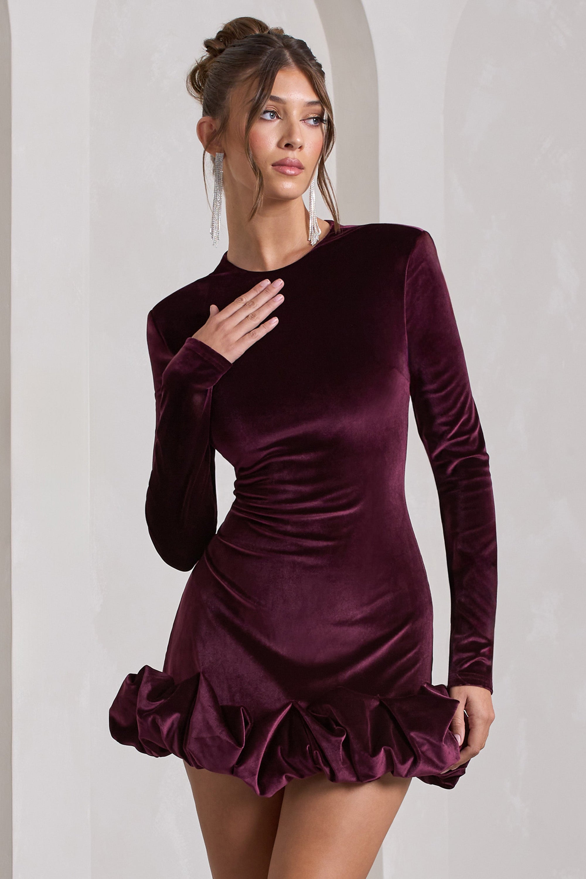 Claudine | Port Velvet Long-Sleeved Ruffled Mini Dress - Club L 