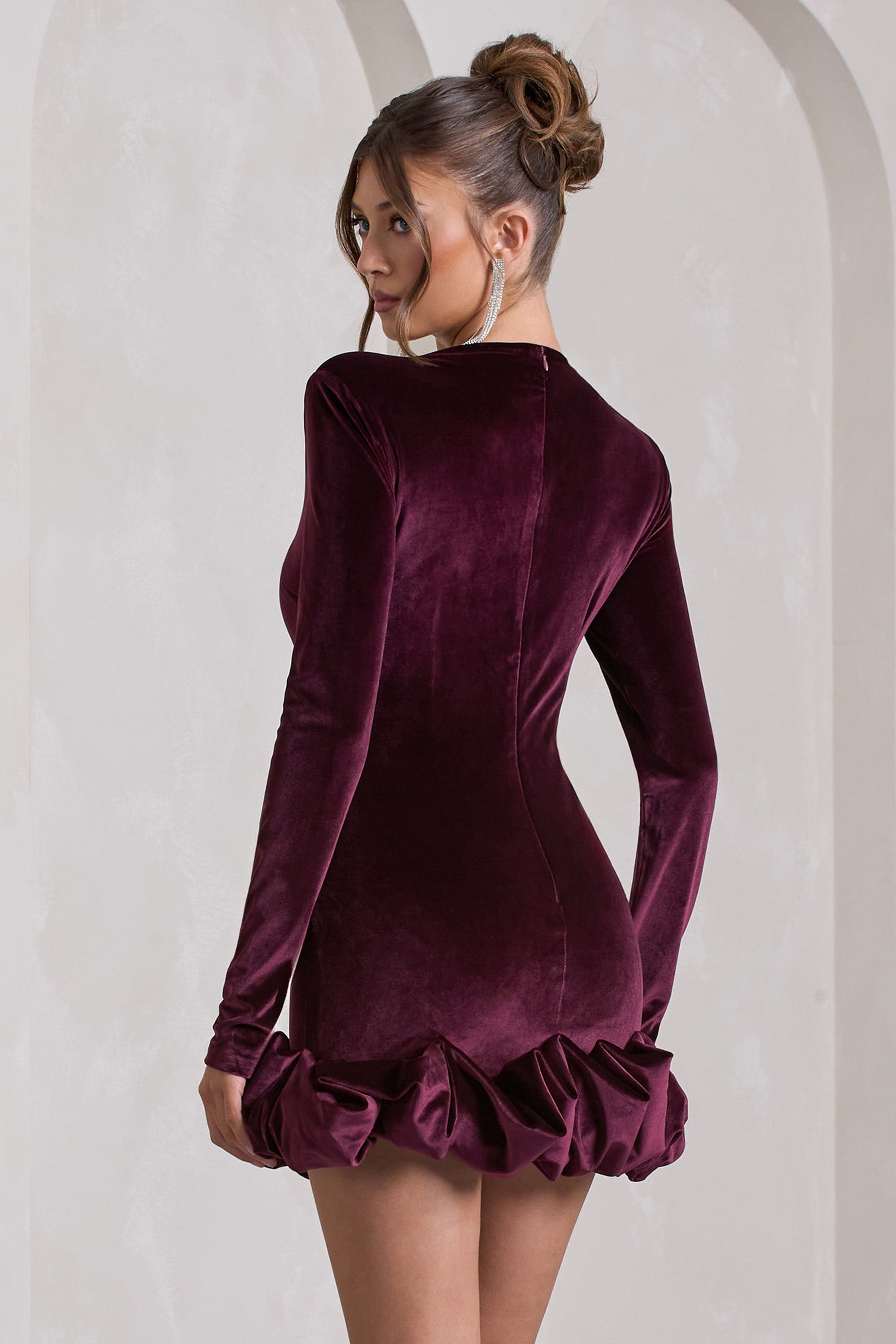 Claudine | Port Velvet Long-Sleeved Ruffled Mini Dress - Club L 
