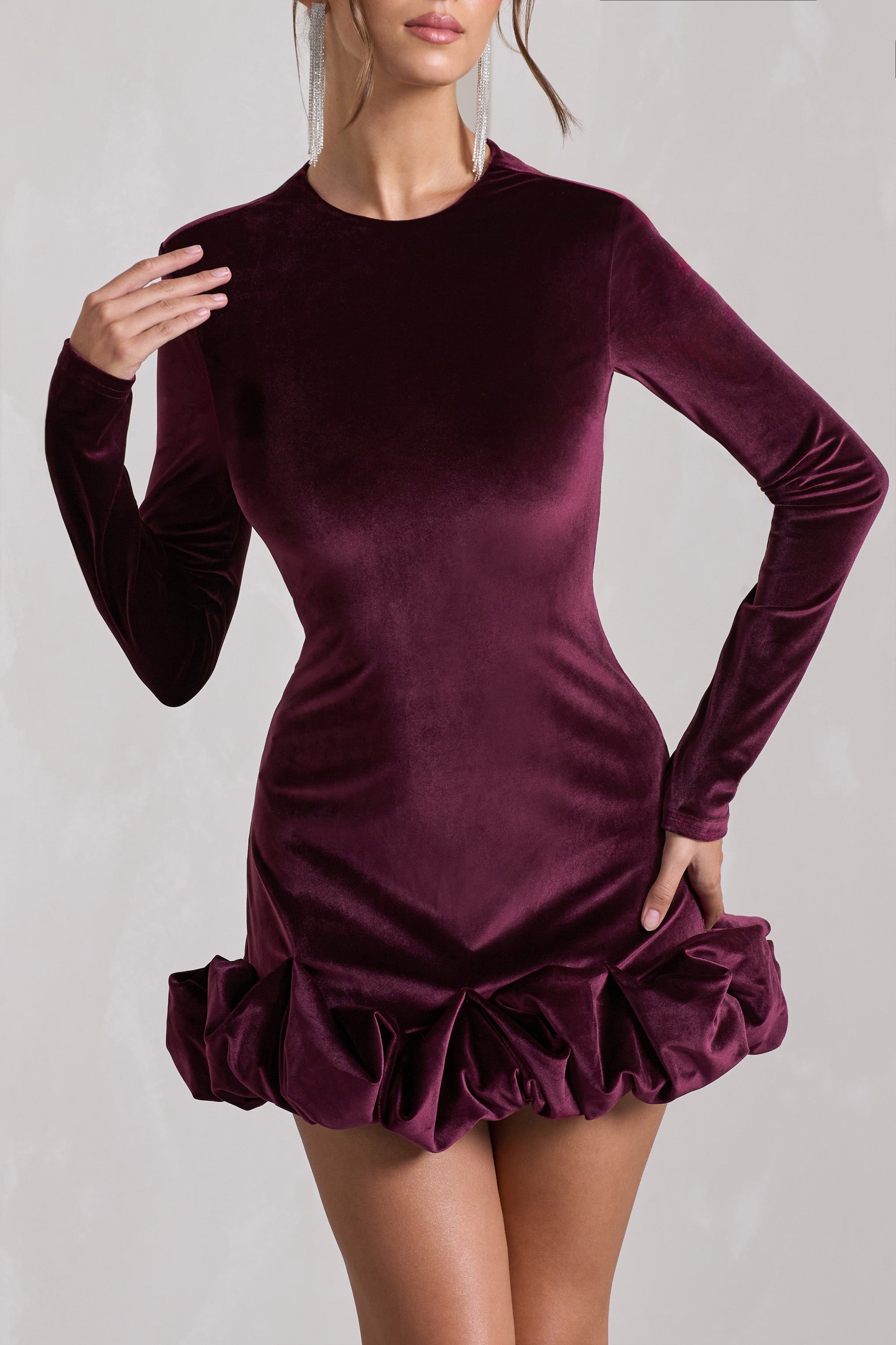 Claudine | Port Velvet Long-Sleeved Ruffled Mini Dress - Club L 