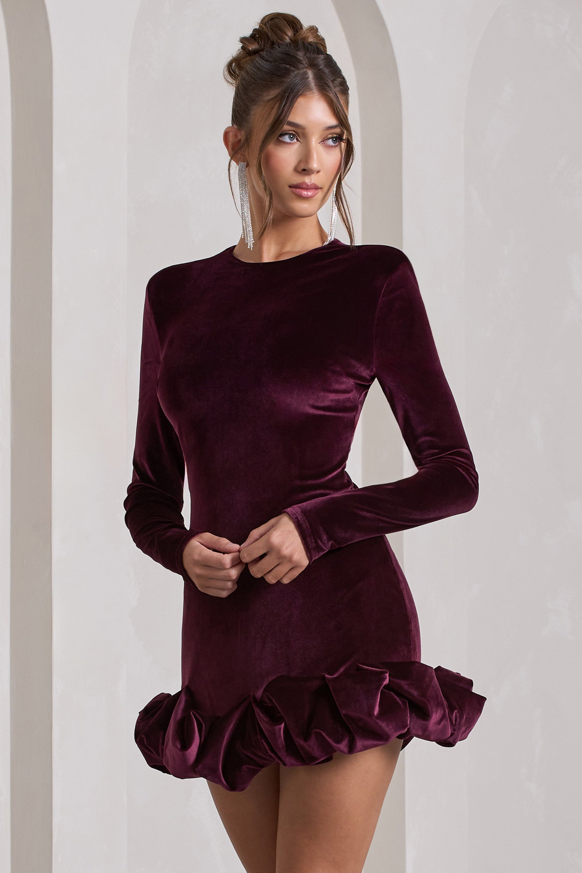Claudine | Port Velvet Long-Sleeved Ruffled Mini Dress - Club L 