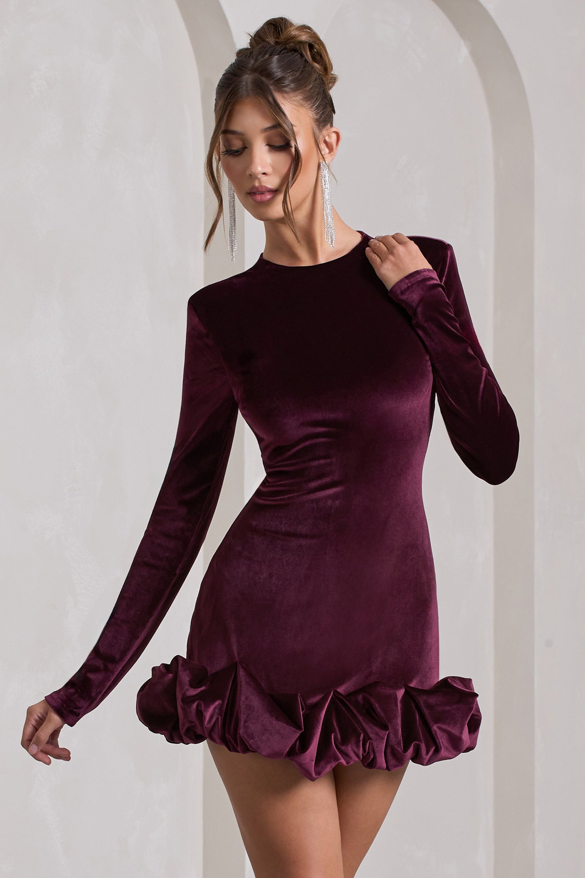 Claudine | Port Velvet Long-Sleeved Ruffled Mini Dress - Club L 