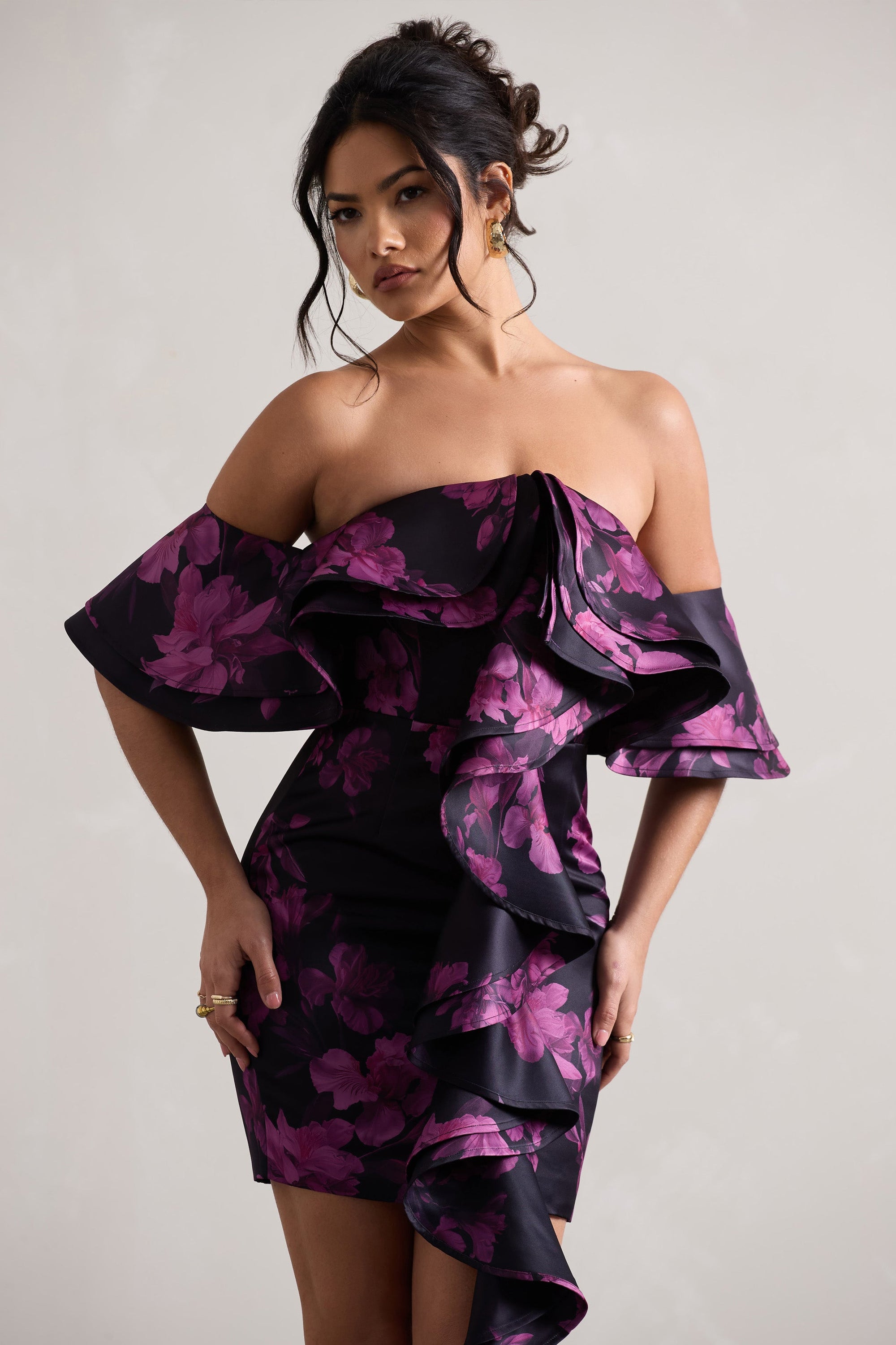 Aspen | Black Floral Print Bardot Mini Dress With Ruffles - Club L 
