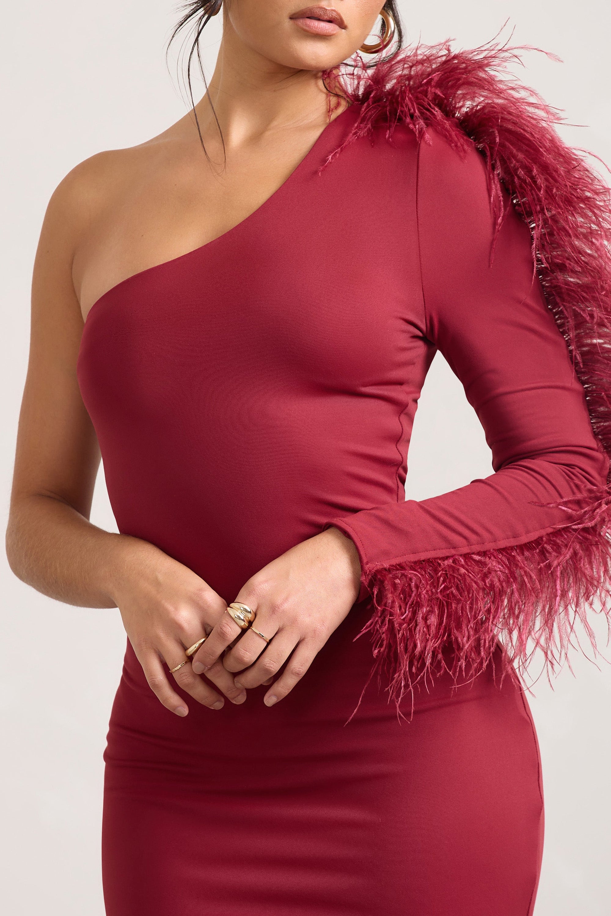 Wild One | Burgundy One-Shoulder Bodycon Midi Dress With Feather-Trimmed Sleeve - Club L 