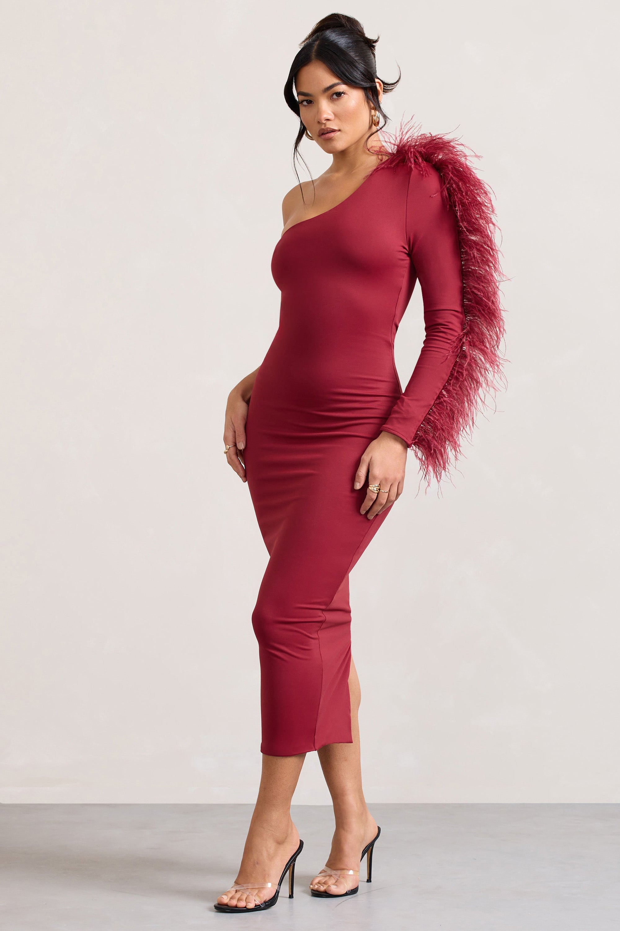 Wild One | Burgundy One-Shoulder Bodycon Midi Dress With Feather-Trimmed Sleeve - Club L 