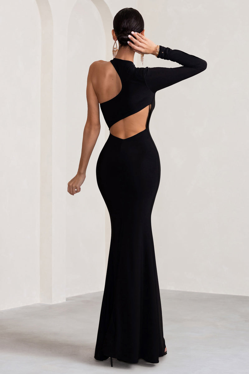 Tyra | Black Asymmetric Neck Cut Out Maxi Dress With Open Back Detail - Club L 