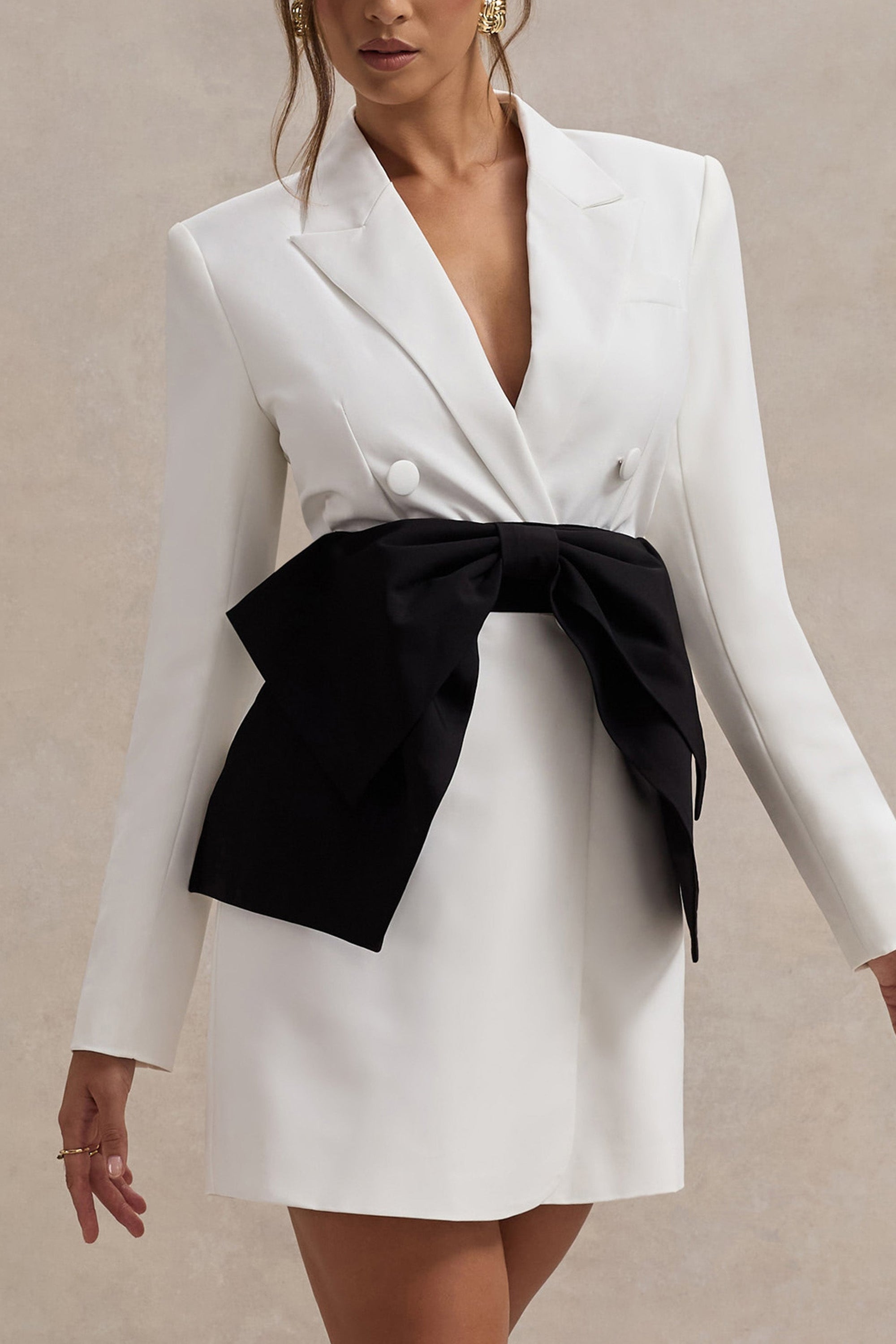 Prized | White Tailored Blazer Dress With Black Bow - Club L 