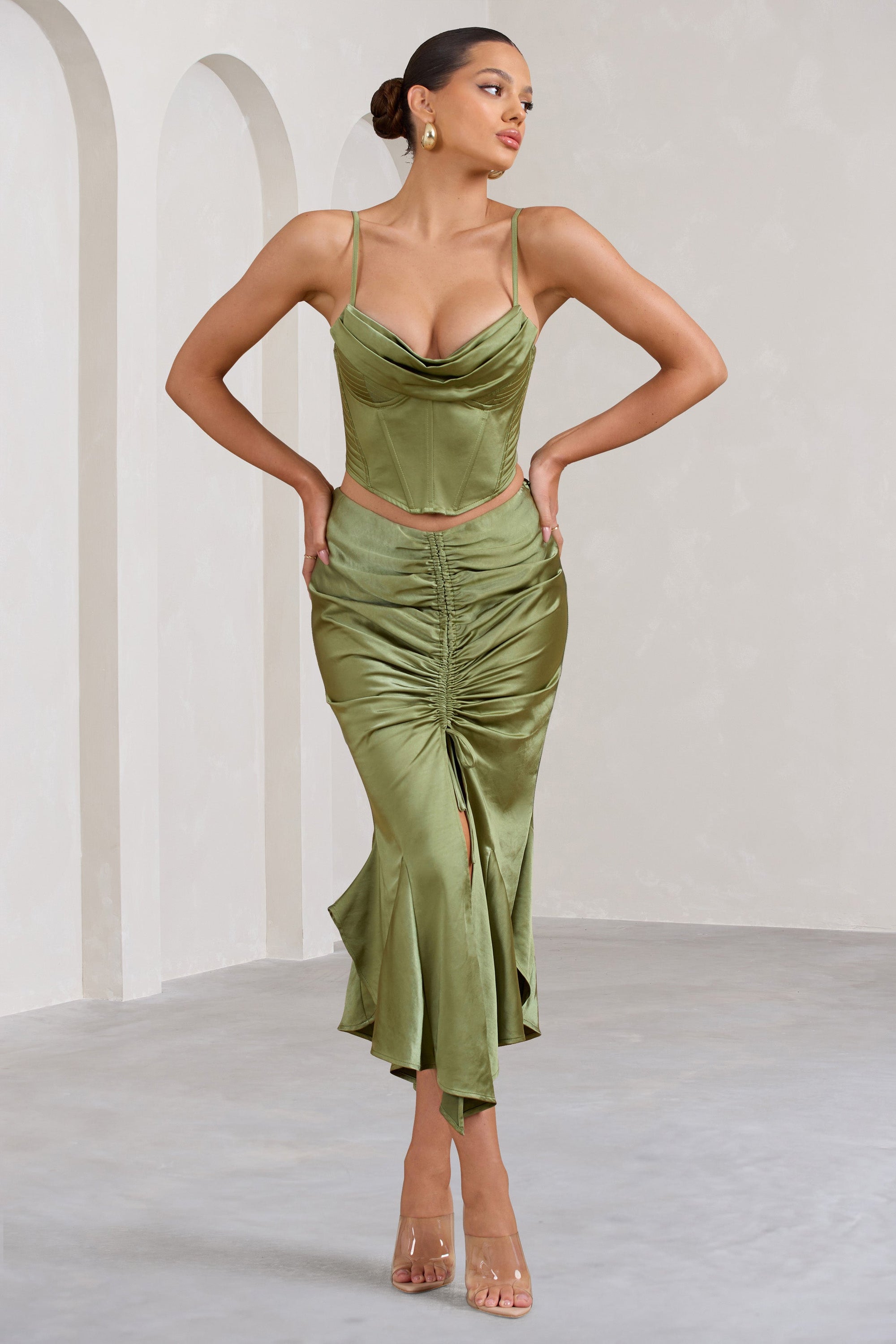 Per Favore | Olive Satin Ruched Split Maxi Skirt - Club L 