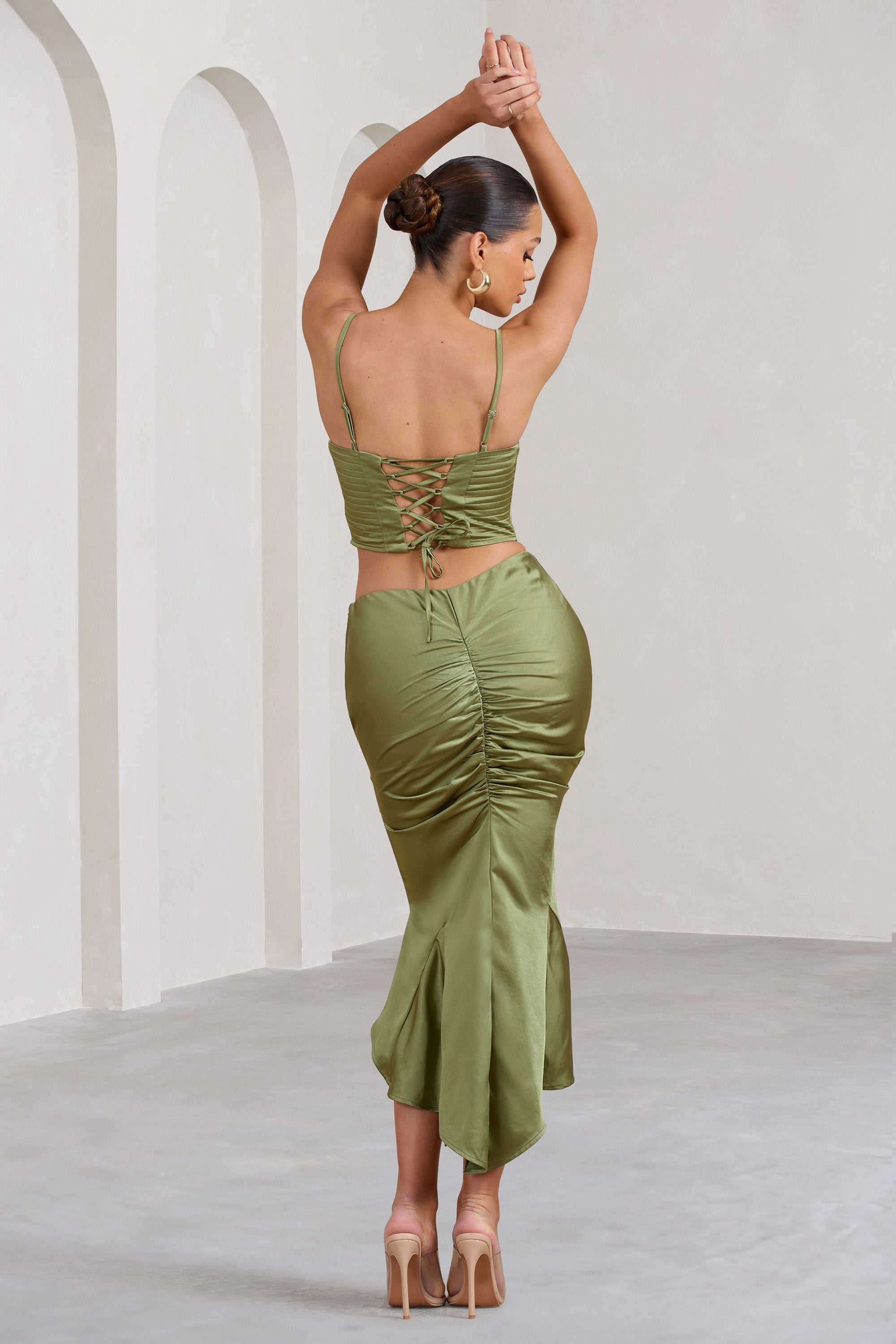 Per Favore | Olive Satin Ruched Split Maxi Skirt - Club L 