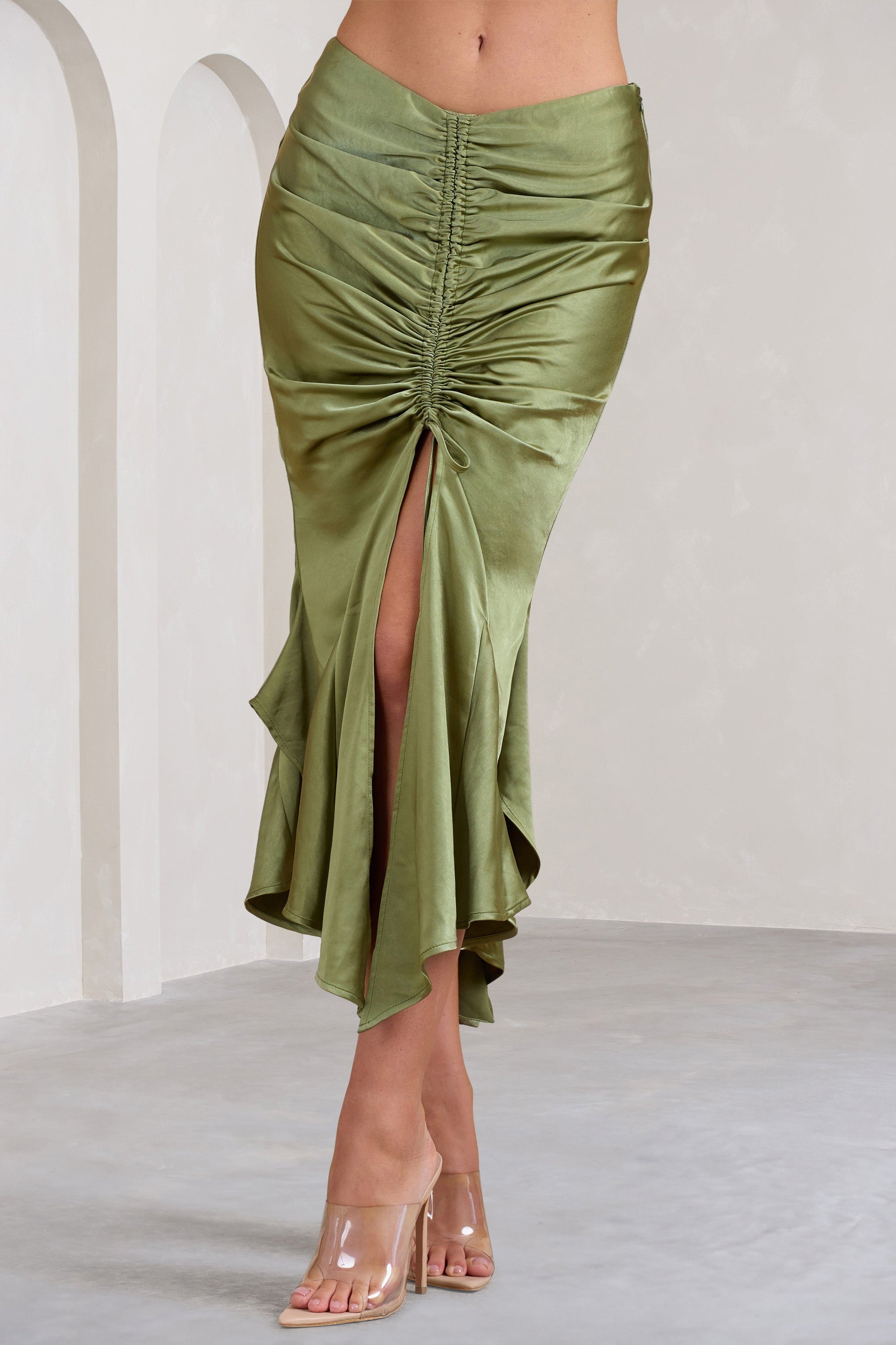 Per Favore | Olive Satin Ruched Split Maxi Skirt - Club L 