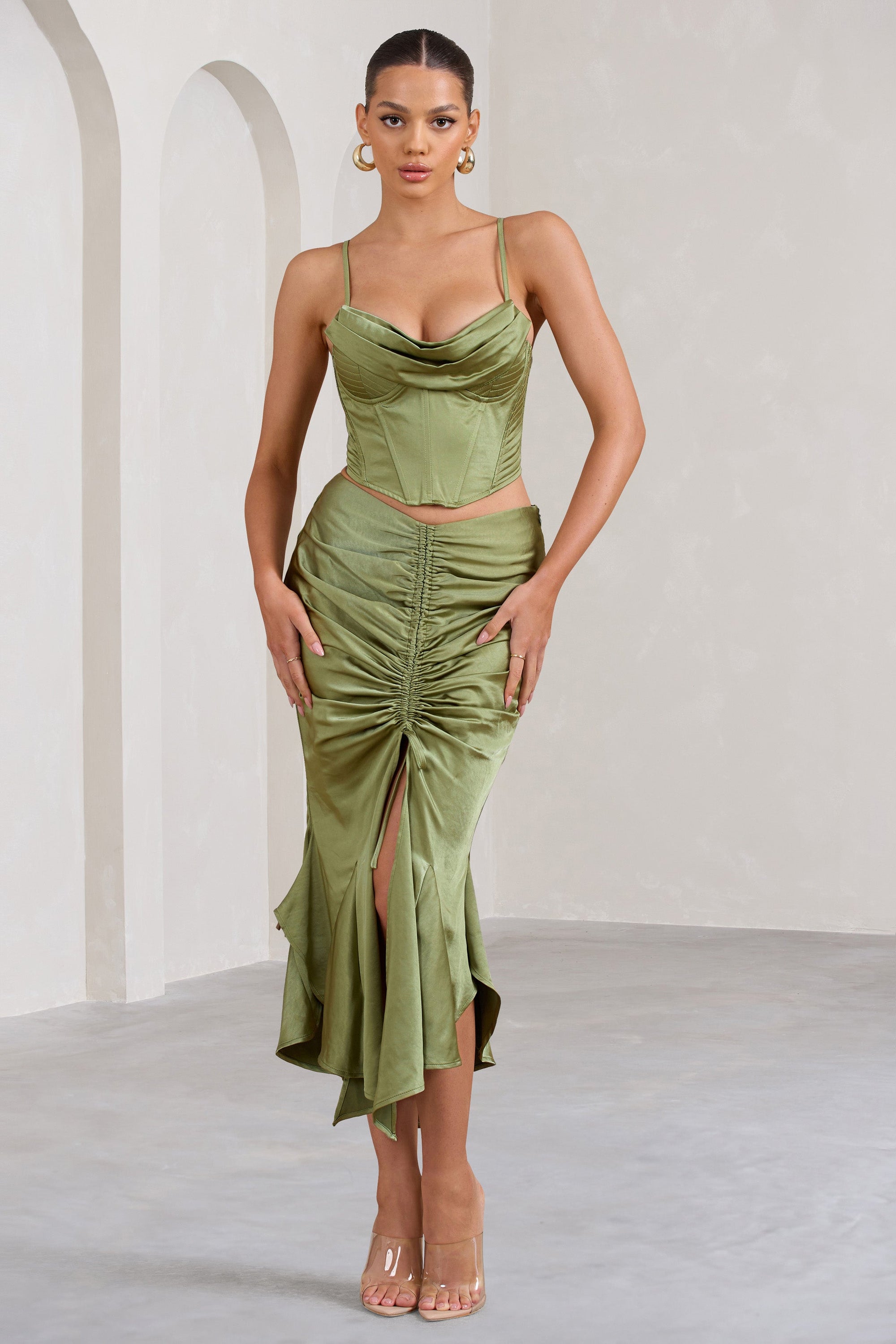 Per Favore | Olive Satin Ruched Split Maxi Skirt - Club L 