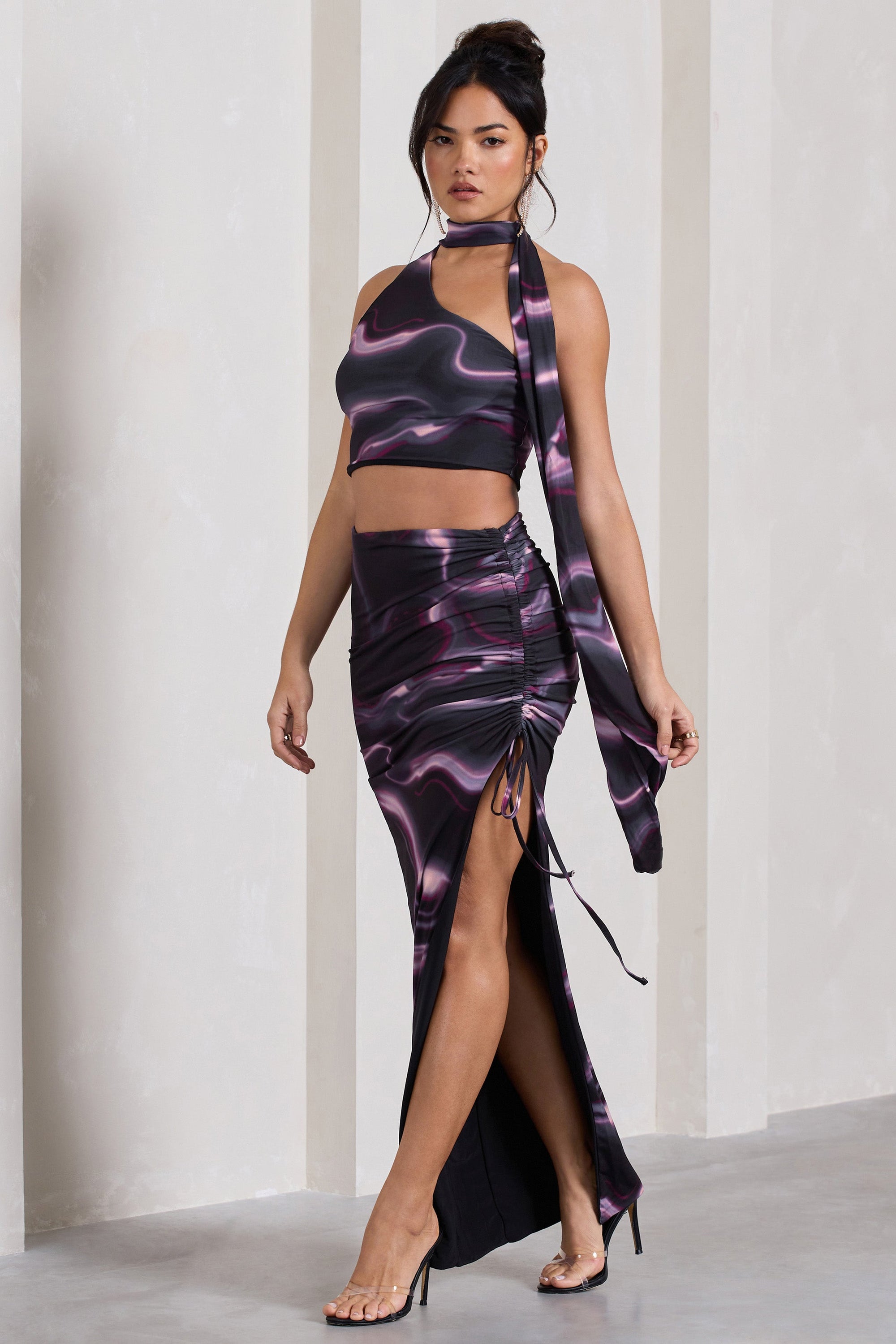 In The Air | Black Printed Ruched Asymmetric High-Waisted Maxi Skirt - Club L 