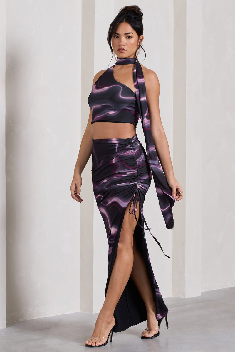In The Air | Black Printed Ruched Asymmetric High-Waisted Maxi Skirt - Club L 