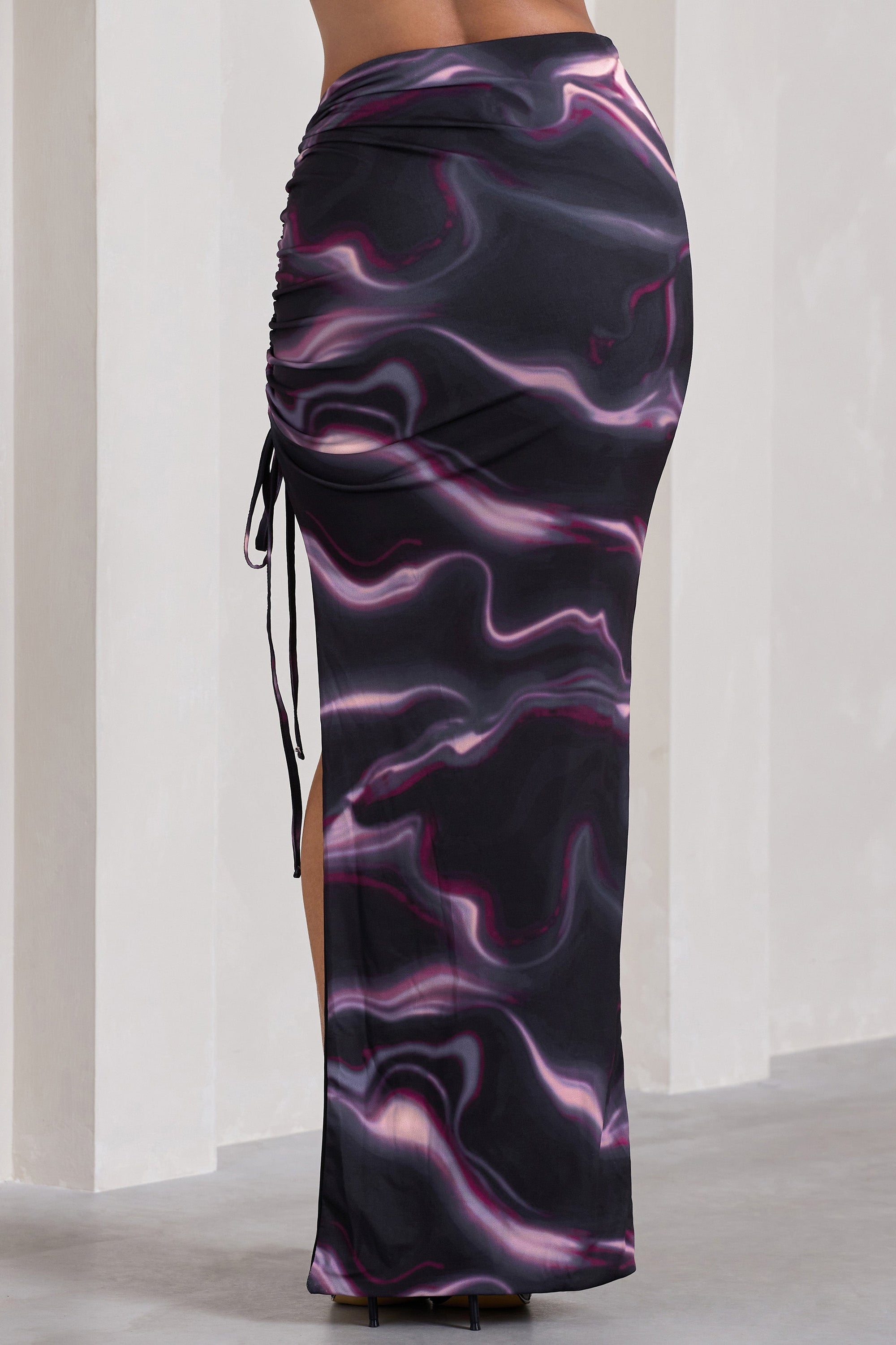 In The Air | Black Printed Ruched Asymmetric High-Waisted Maxi Skirt - Club L 