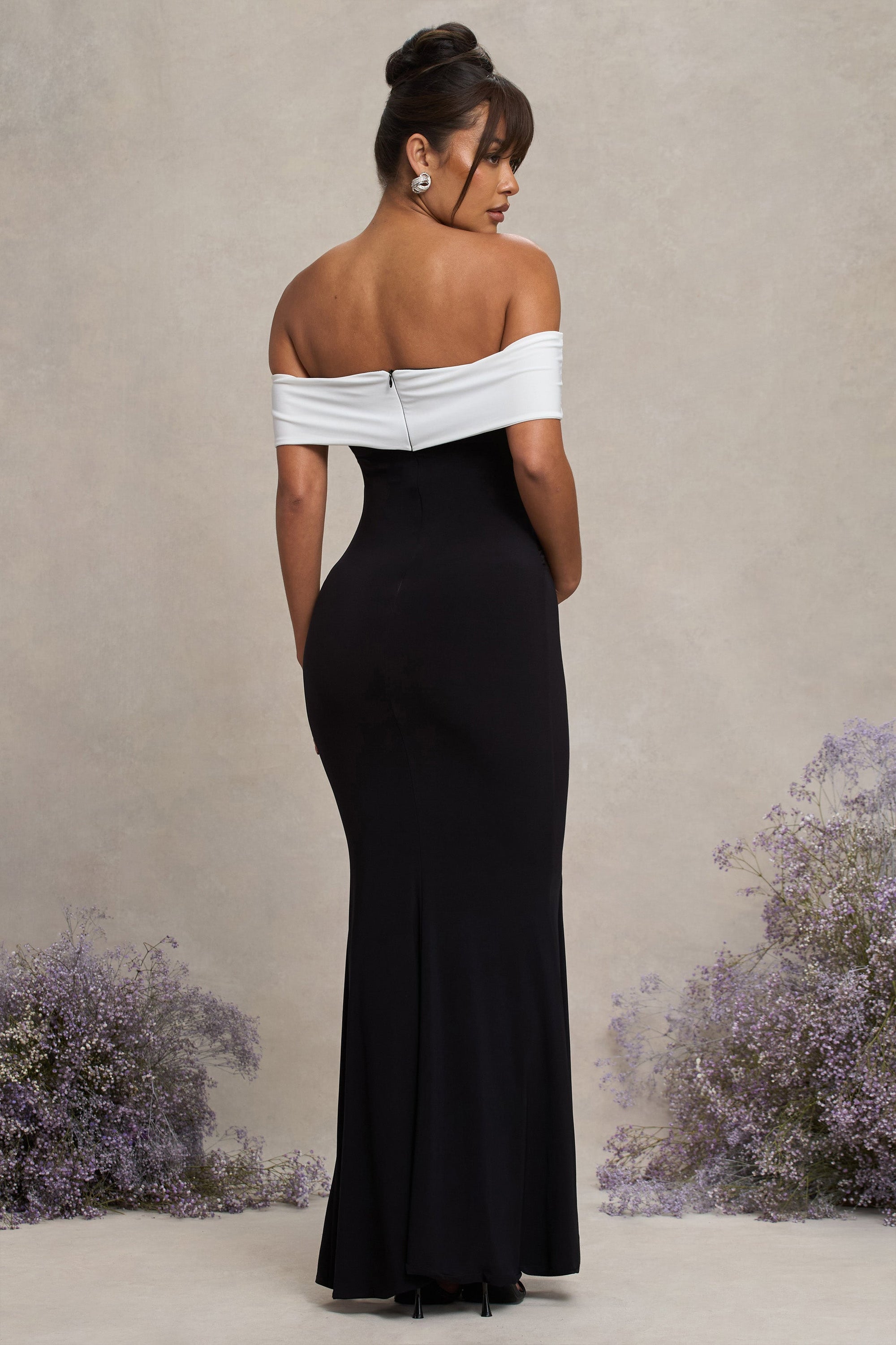 In Bloom | Black & White Bardot Maternity Maxi Dress With Flower - Club L 