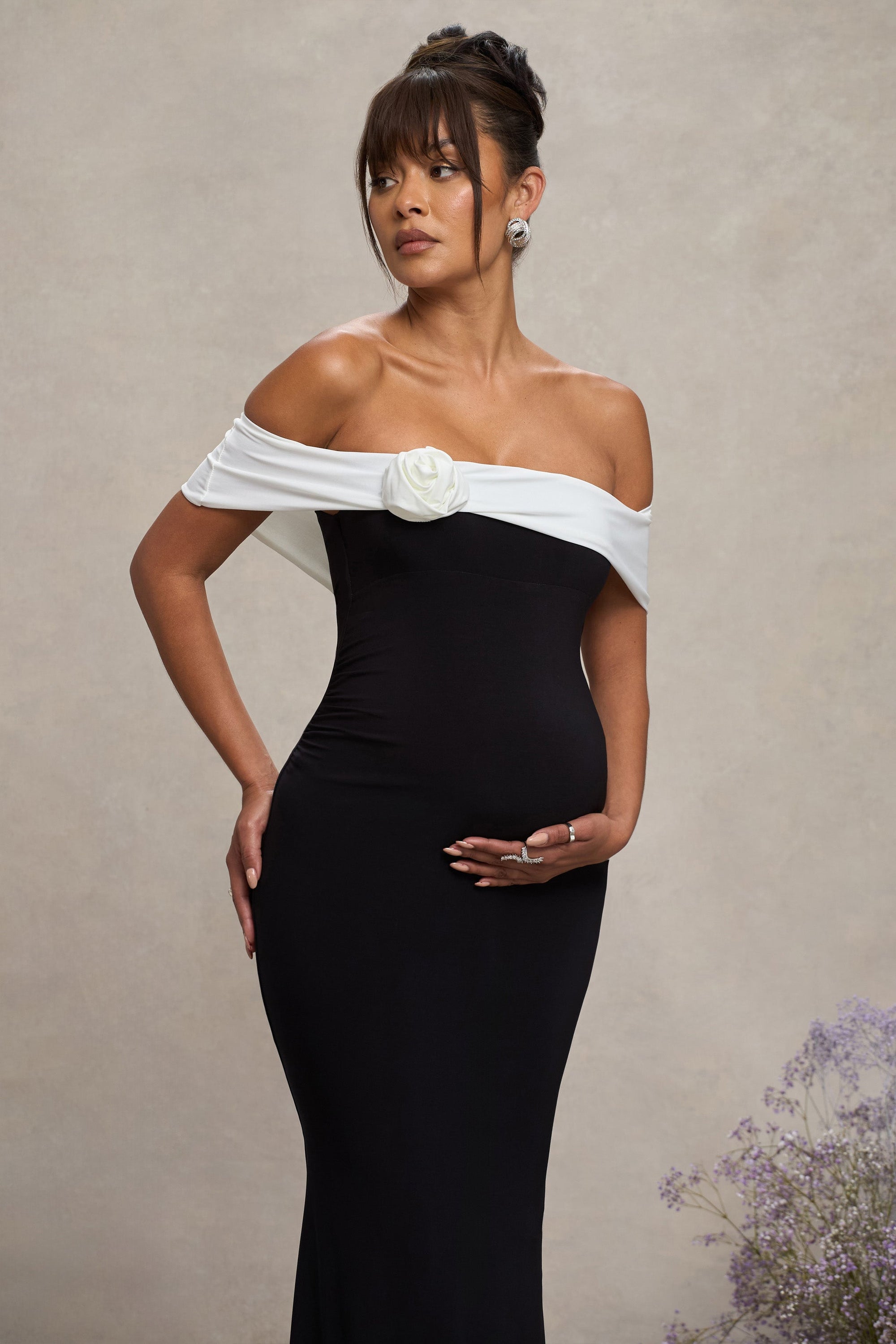 In Bloom | Black & White Bardot Maternity Maxi Dress With Flower - Club L 