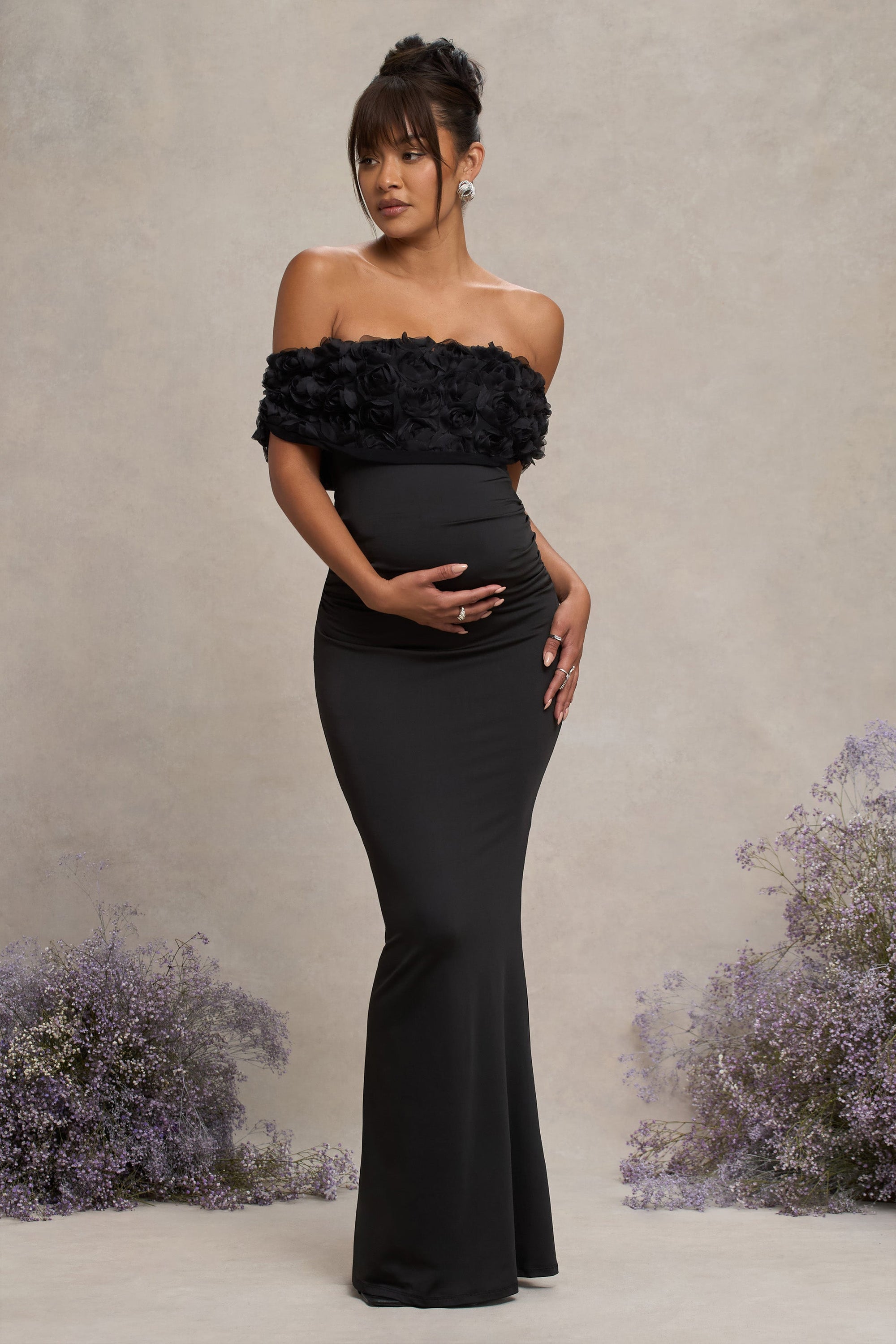 Inflorescence | Black Mesh Floral Bardot Maternity Maxi Dress - Club L 