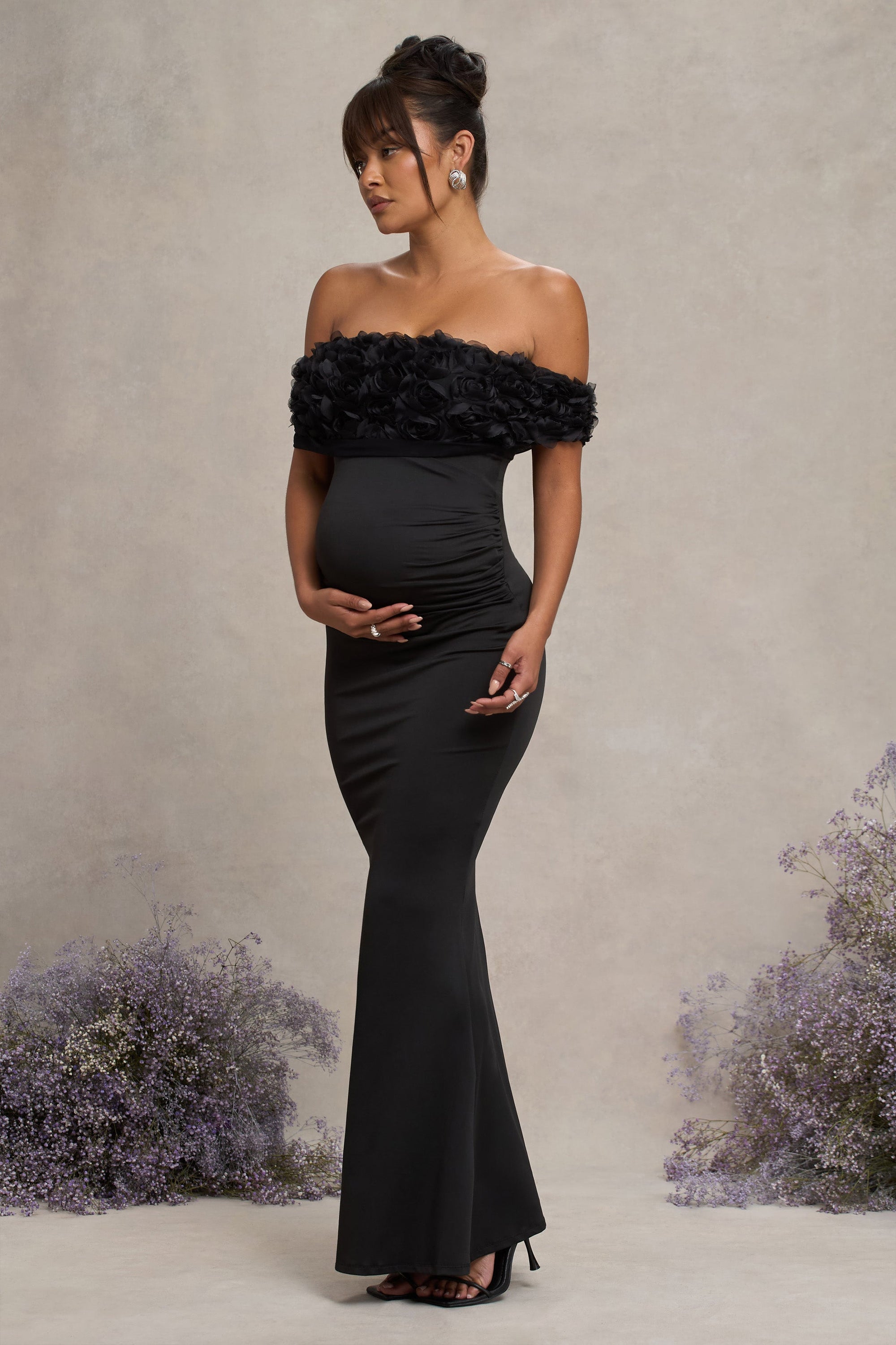 Inflorescence | Black Mesh Floral Bardot Maternity Maxi Dress - Club L 