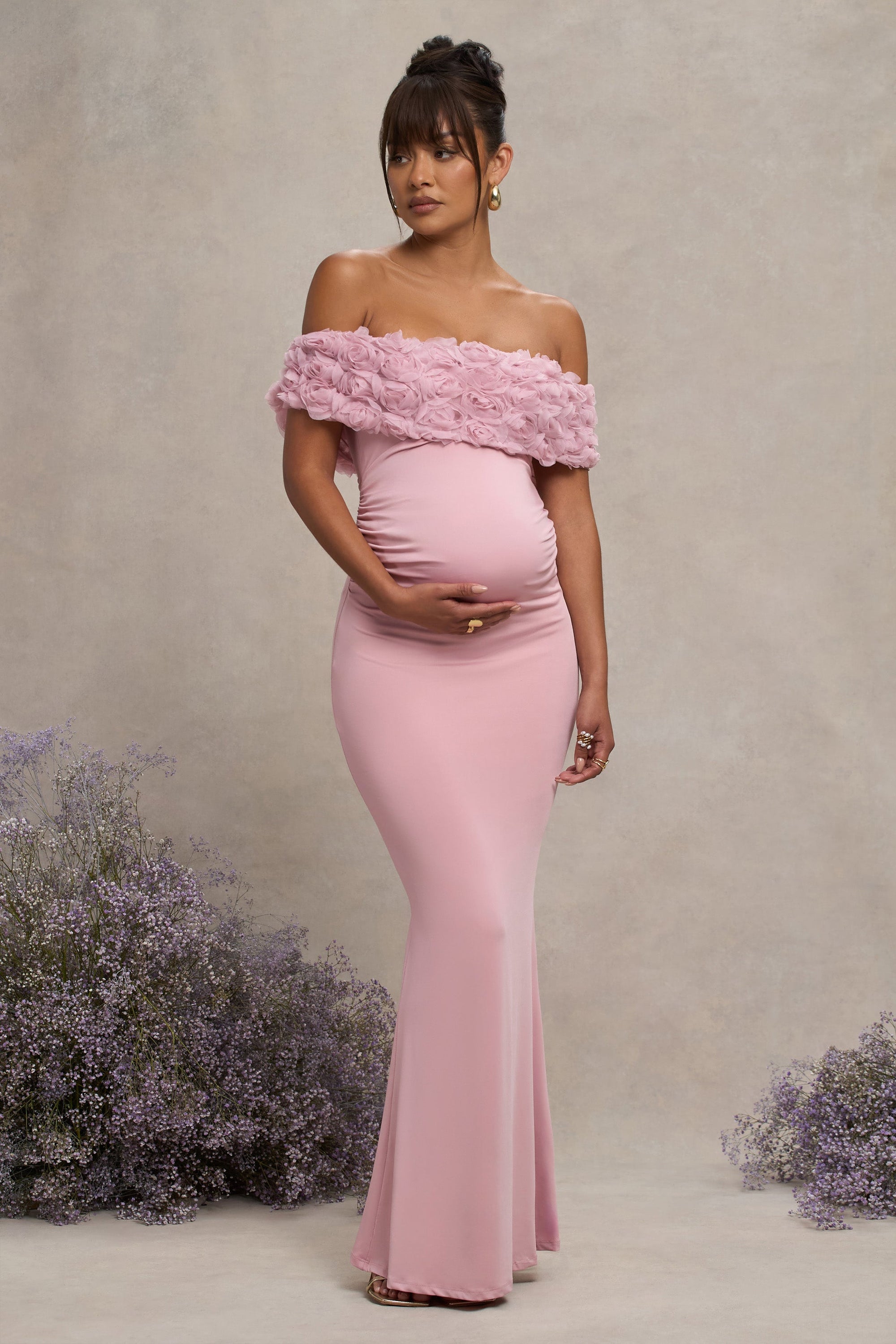 Inflorescence | Blush Pink Mesh Floral Bardot Maternity Maxi Dress - Club L 