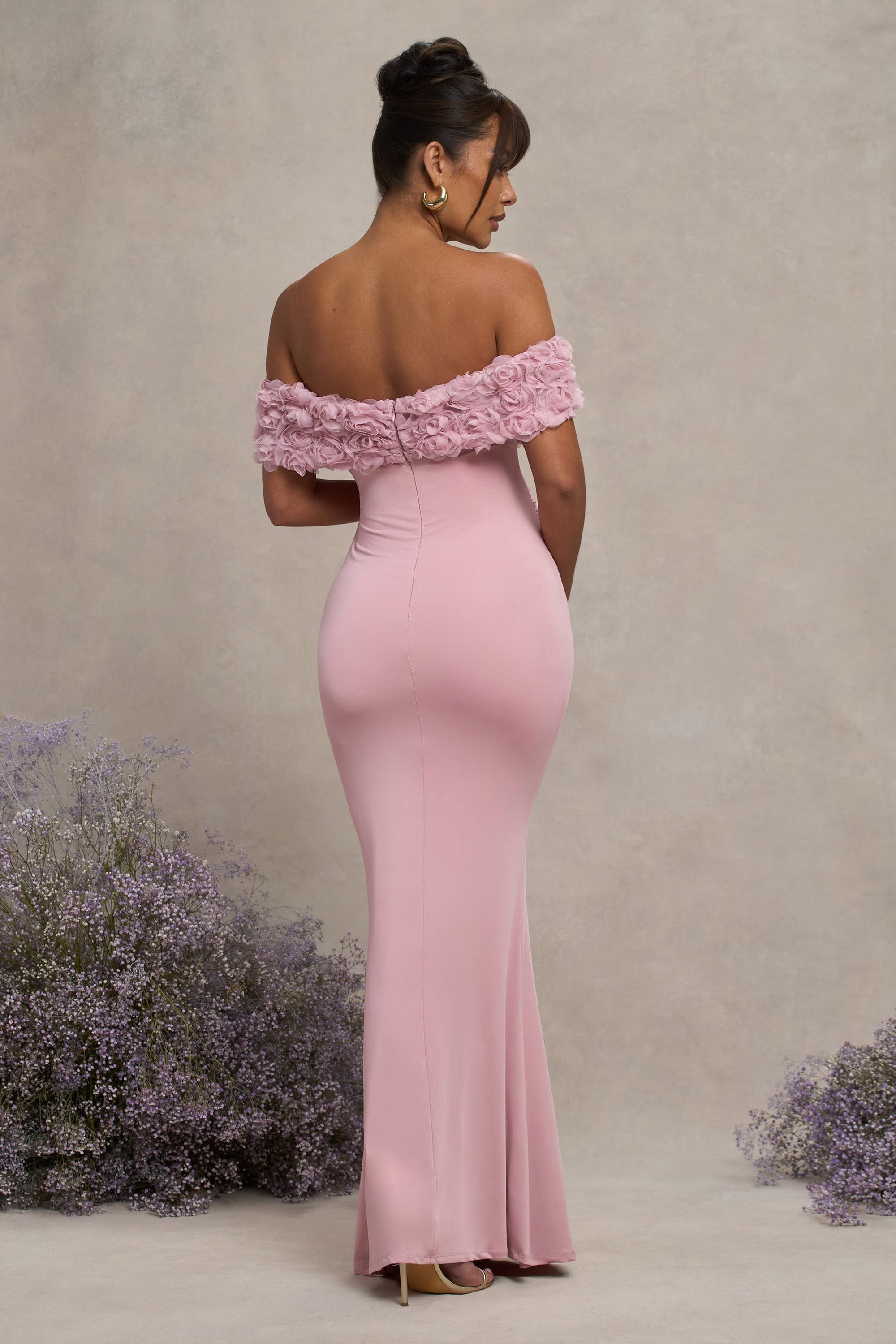 Inflorescence | Blush Pink Mesh Floral Bardot Maternity Maxi Dress - Club L 