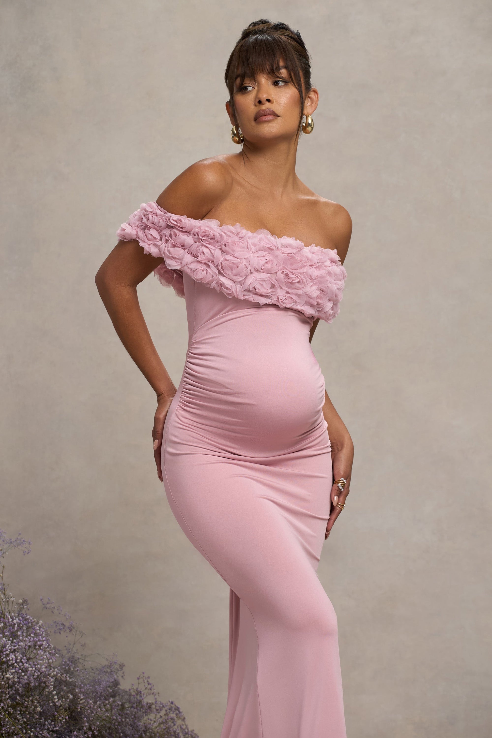 Inflorescence | Blush Pink Mesh Floral Bardot Maternity Maxi Dress - Club L 
