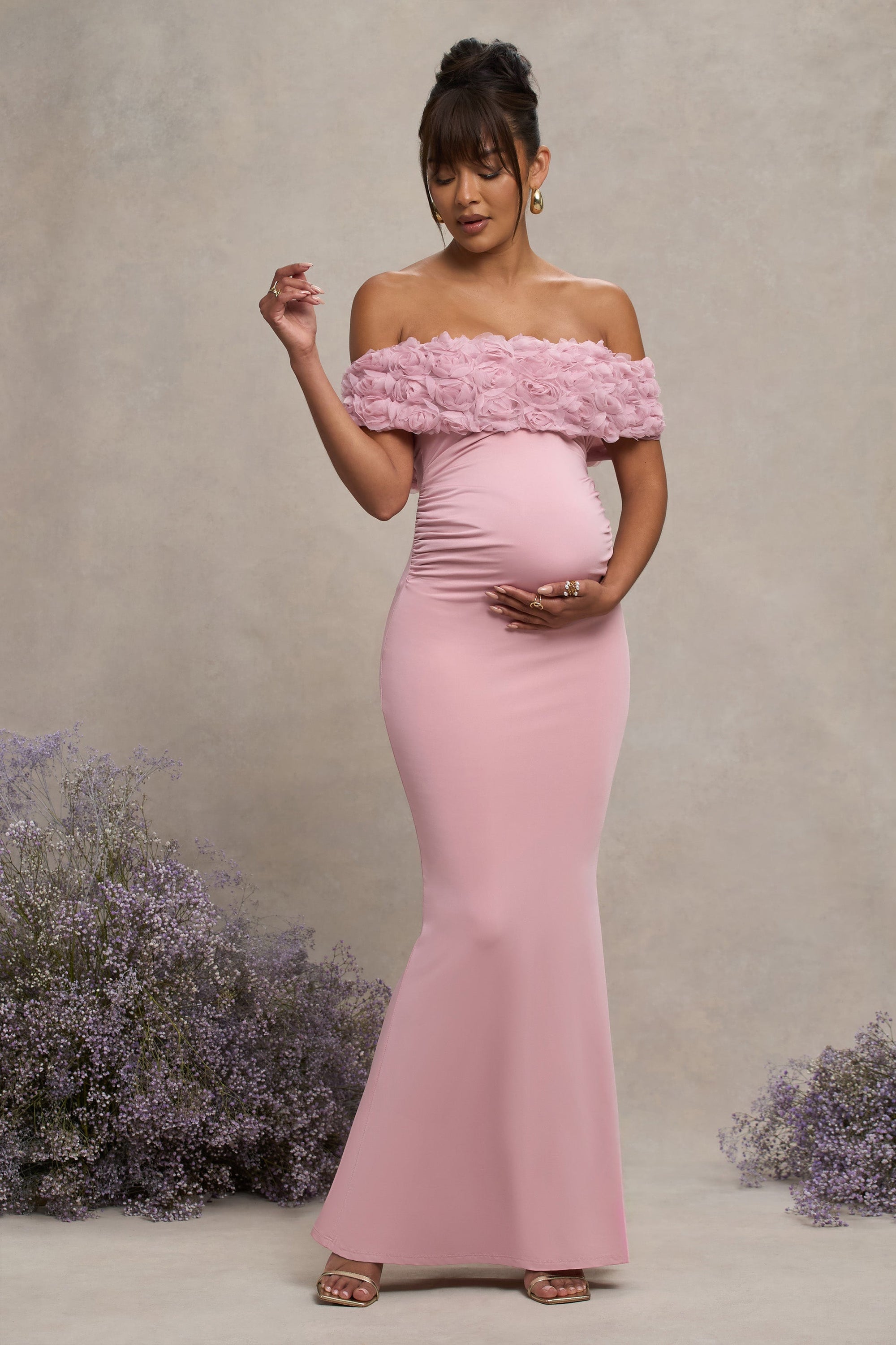Inflorescence | Blush Pink Mesh Floral Bardot Maternity Maxi Dress - Club L 