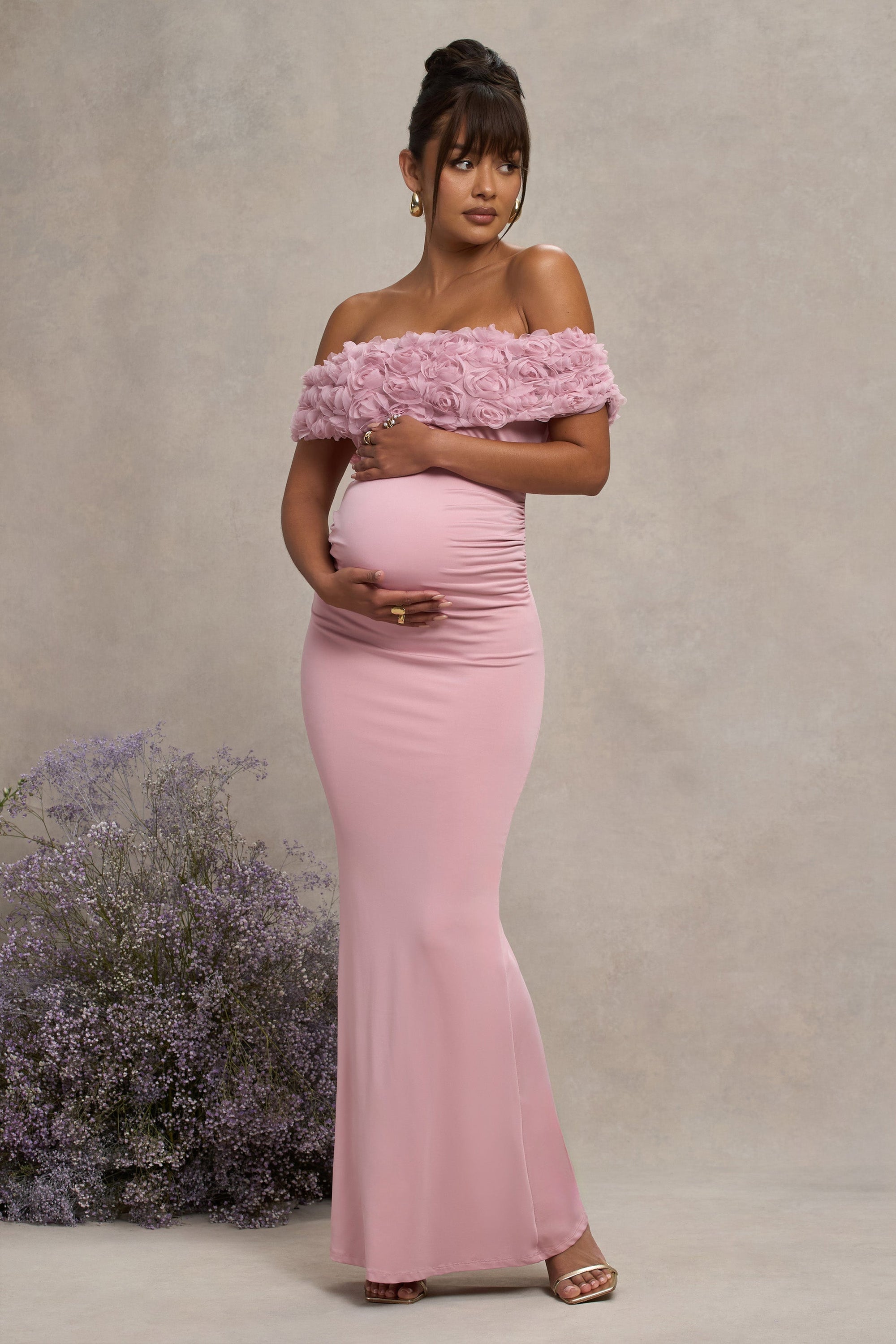 Inflorescence | Blush Pink Mesh Floral Bardot Maternity Maxi Dress - Club L 