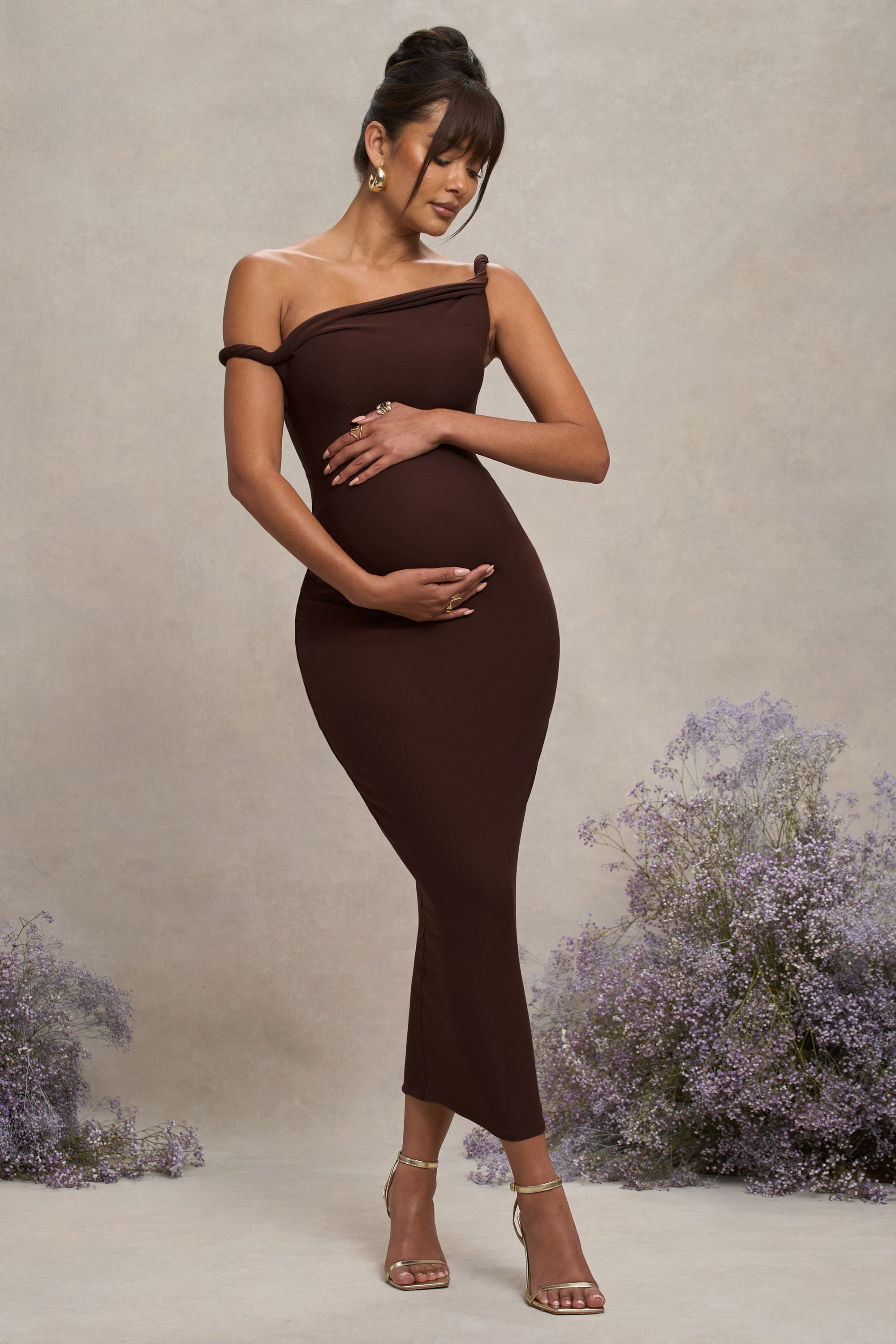Salome | Chocolate Brown Twisted Asymmetric Maternity Midi Dress - Club L 